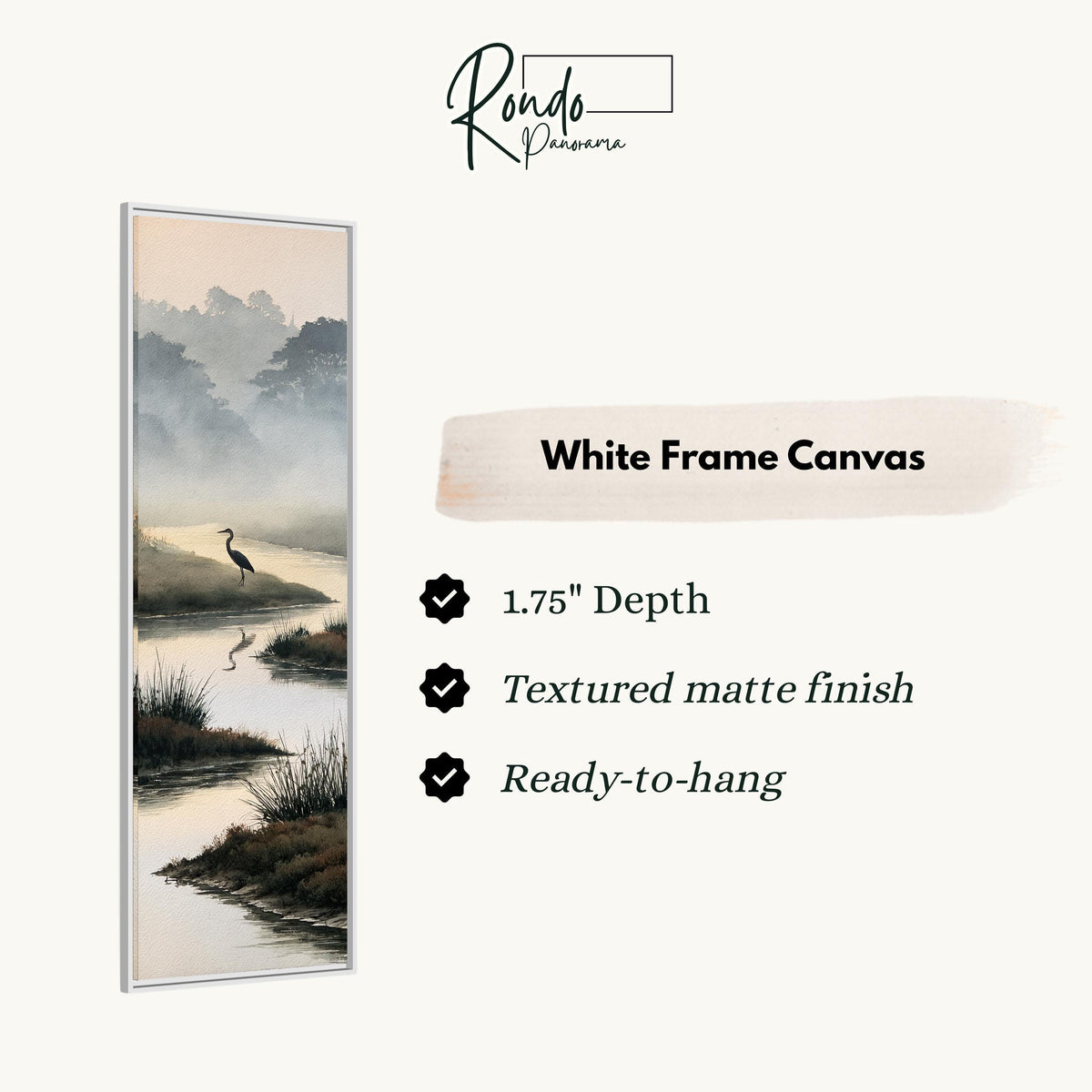 Heron in a misty wetland stream canvas print in a white floating frame