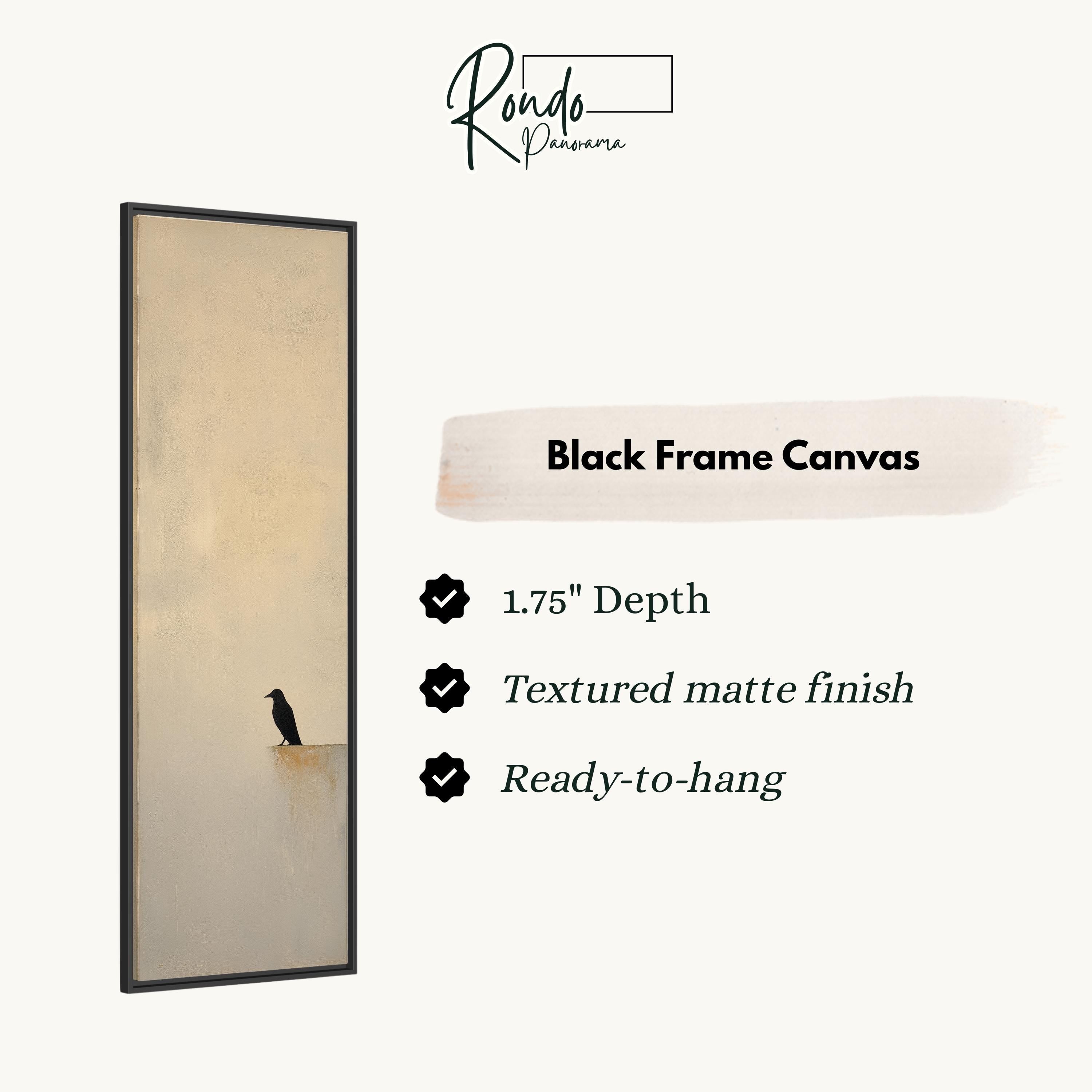 a black frame canvas with a bird perched on a ledge.