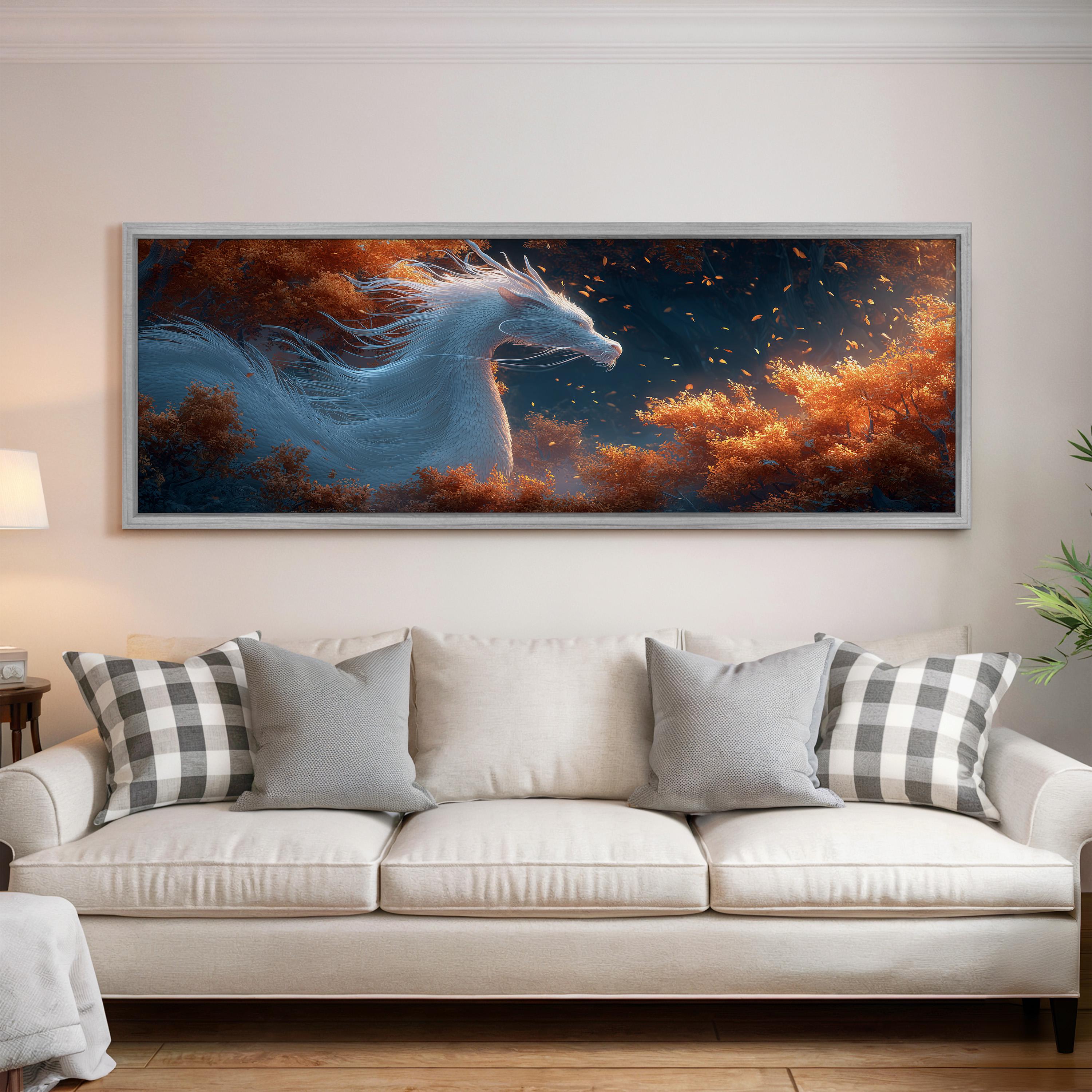 a large, framed painting of a fantastical creature, possibly a unicorn or a dragon, with flowing white and blue colors against a backdrop of orange and red foliage. The painting is displayed on a wall above a white couch, creating a striking visual focal point in the room.