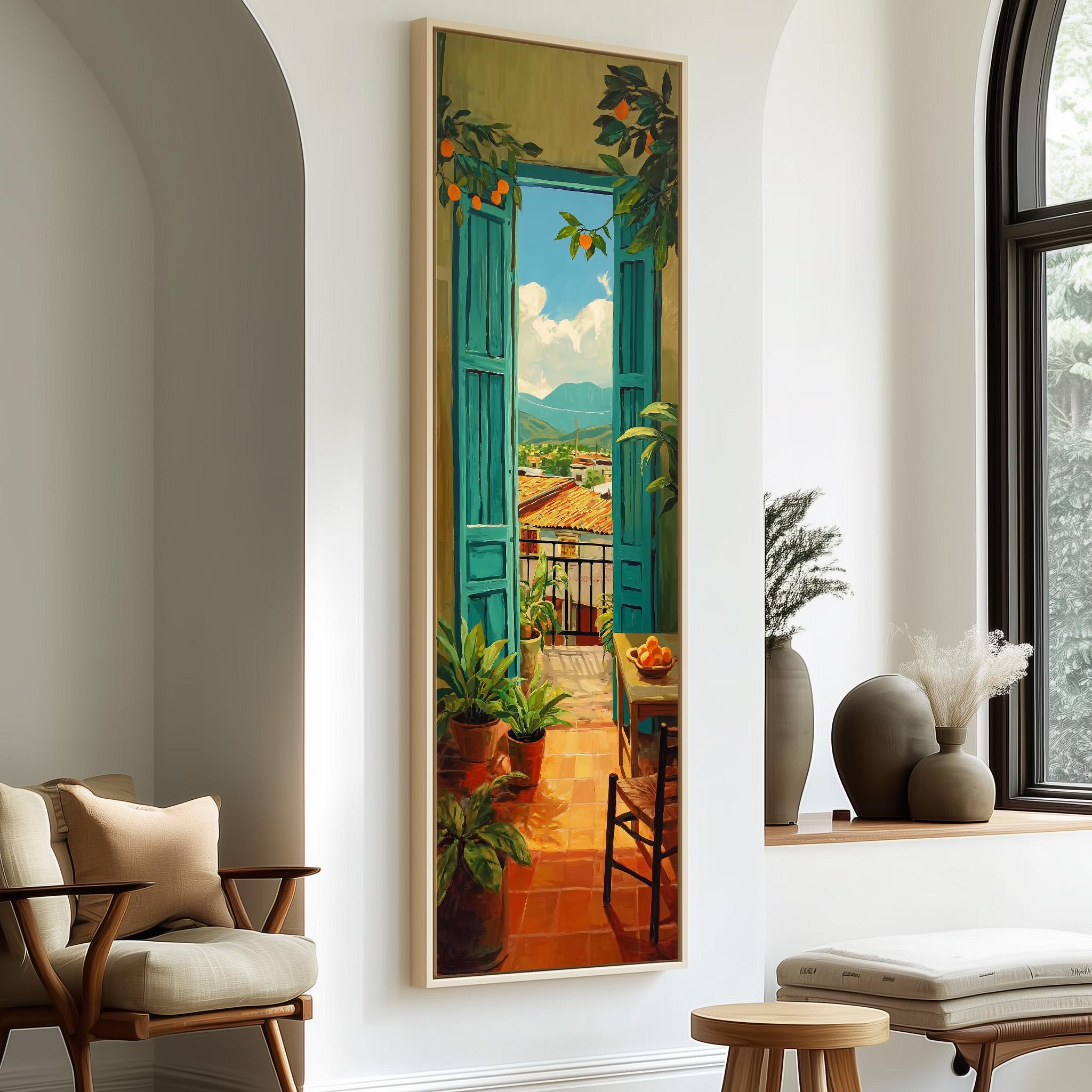 a large painting of a balcony with a view of a city, hanging on a wall in a room with a window and a chair.