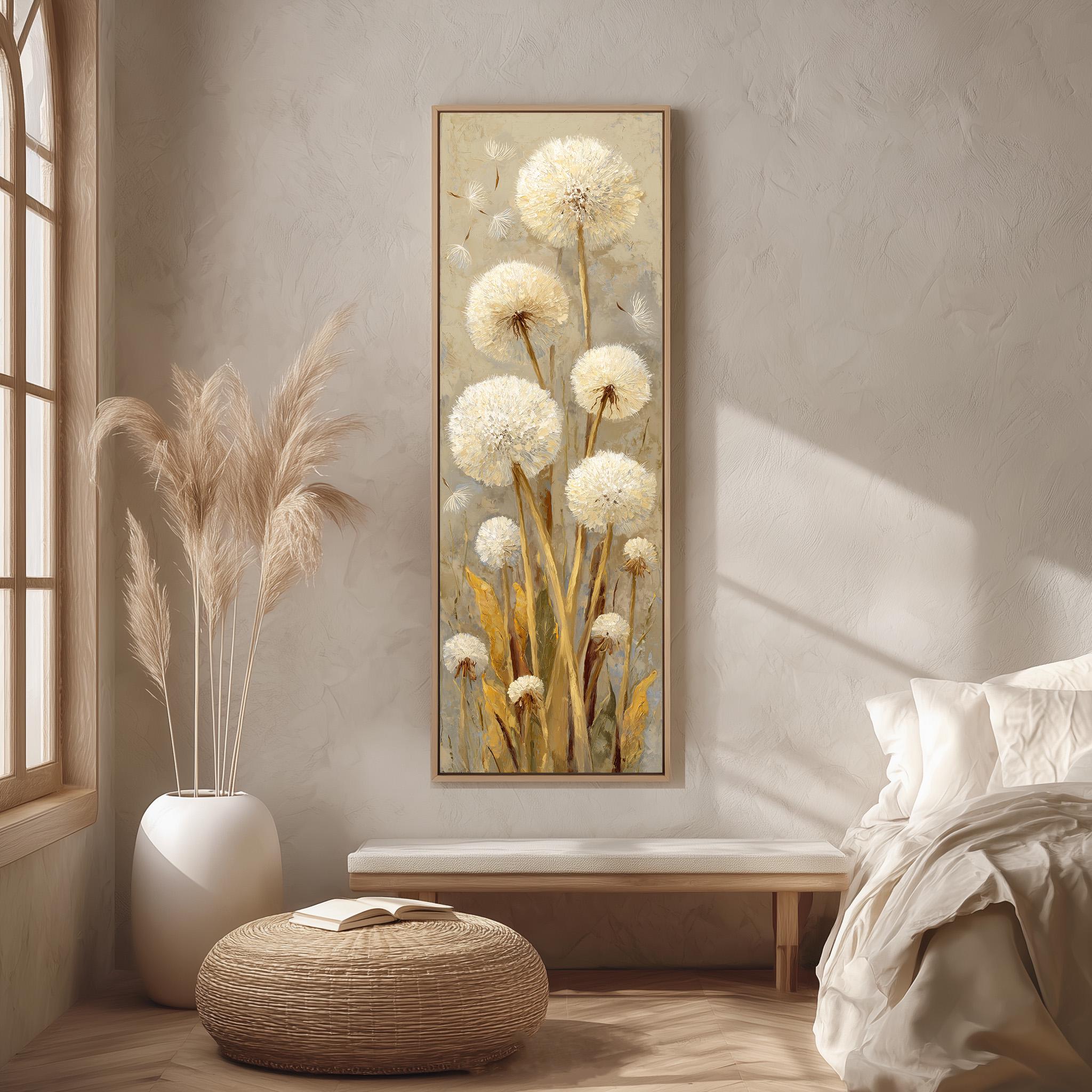 a large painting of dandelions hanging on a wall in a room with a bed, a window, and a woven ottoman.