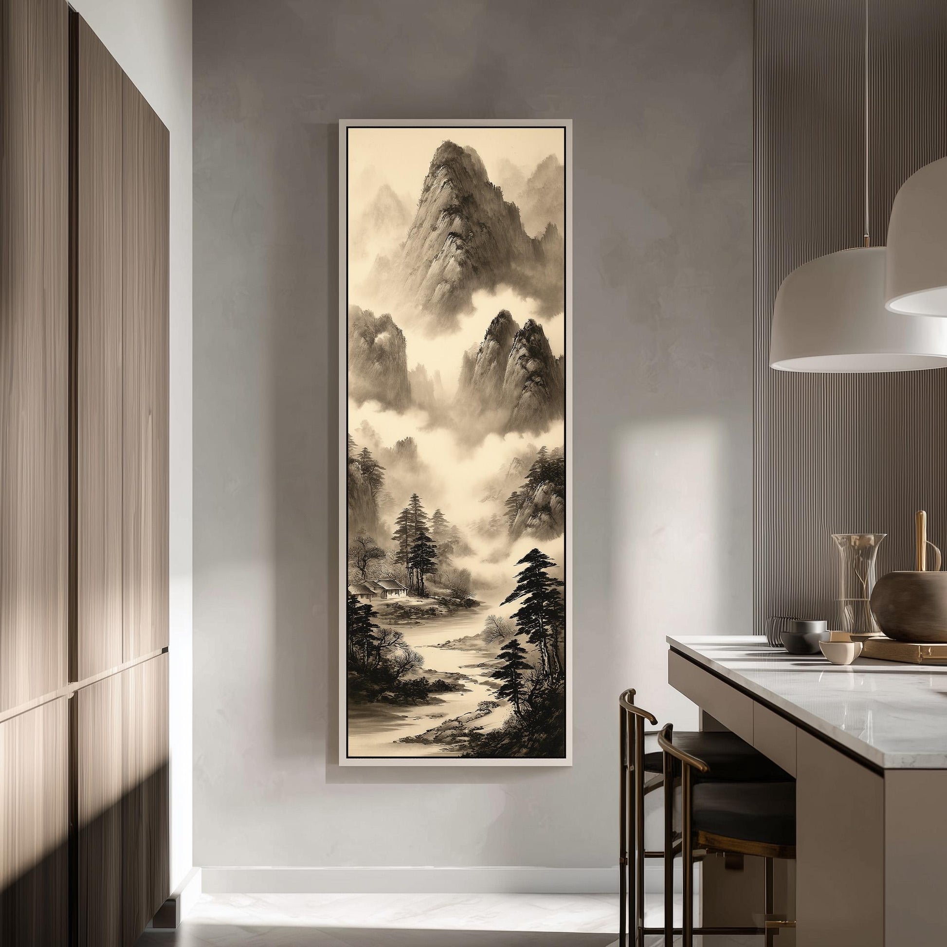 a large framed painting of a serene landscape with mountains, trees, and a winding river, hanging on a wall in a modern kitchen.