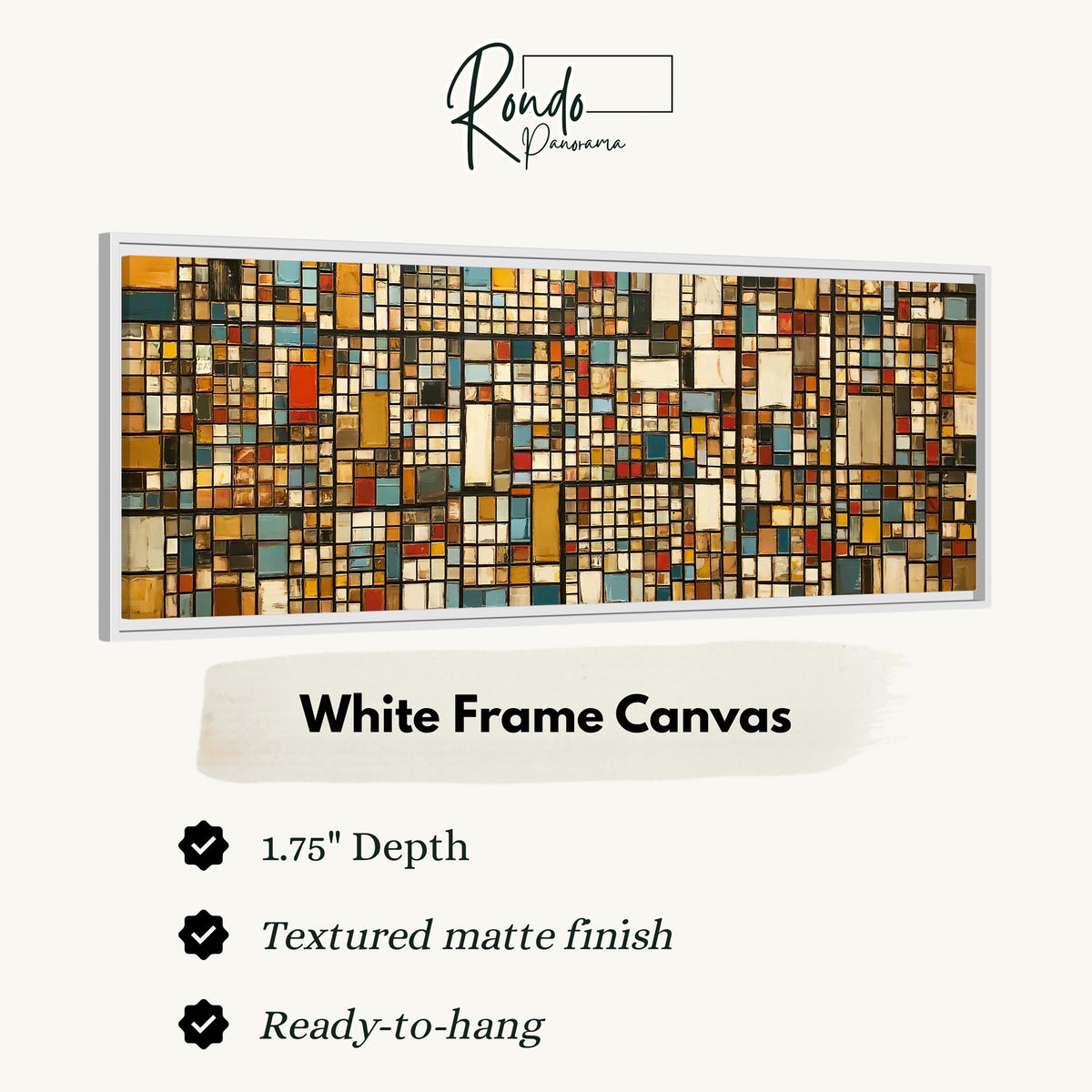 Ochre and blue mosaic tiles with red accents canvas print in a white floating frame