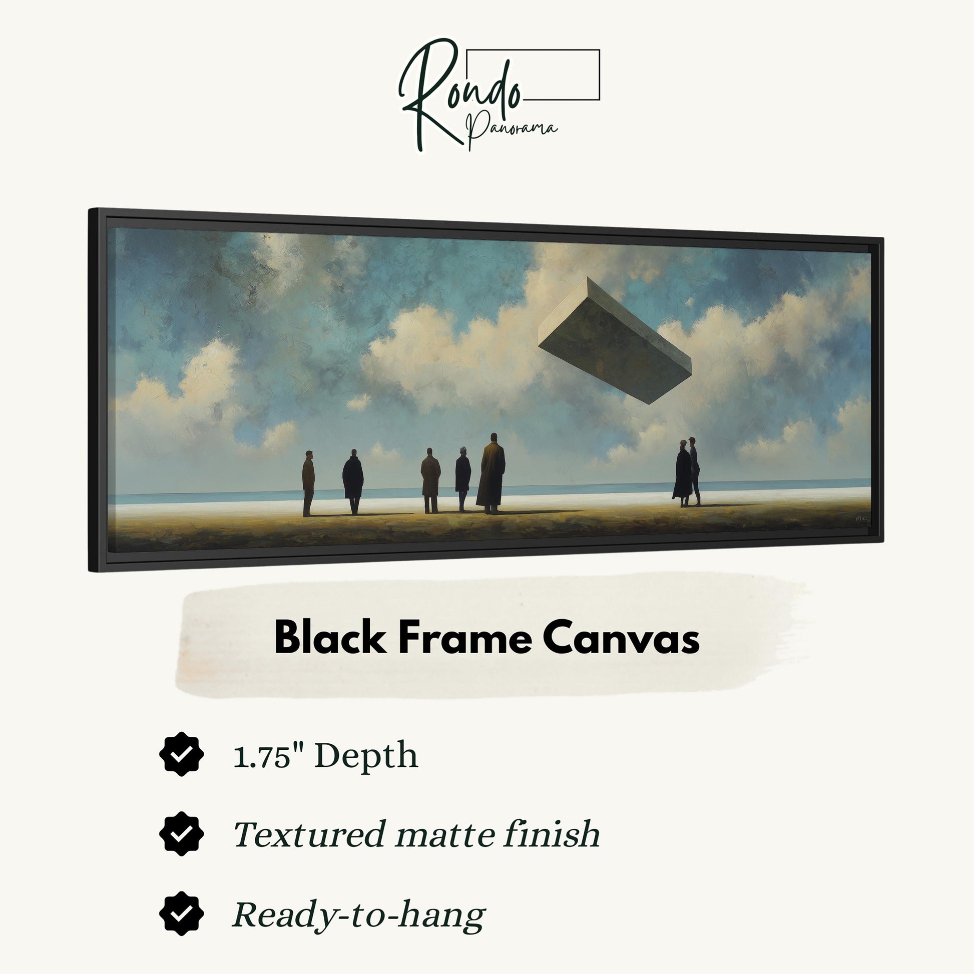 The image is a black frame canvas depicting a group of people standing on a beach with a large object flying overhead.