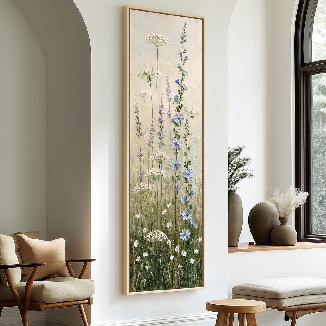 Chicory, lavender and Queen Anne's lace wildflowers long vertical canvas print in a sunlit living space