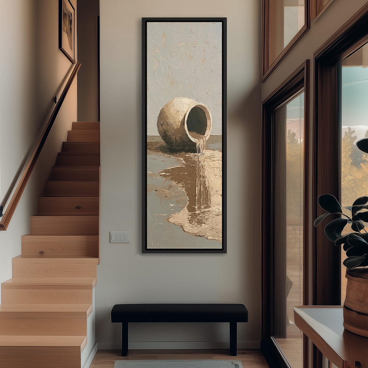 Overflowing clay jug long vertical canvas print in a bright reading corner