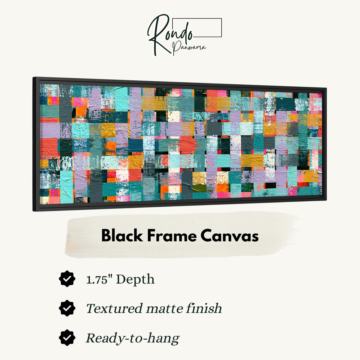 Woven grid of teal and pink blocks canvas print in a black floating frame