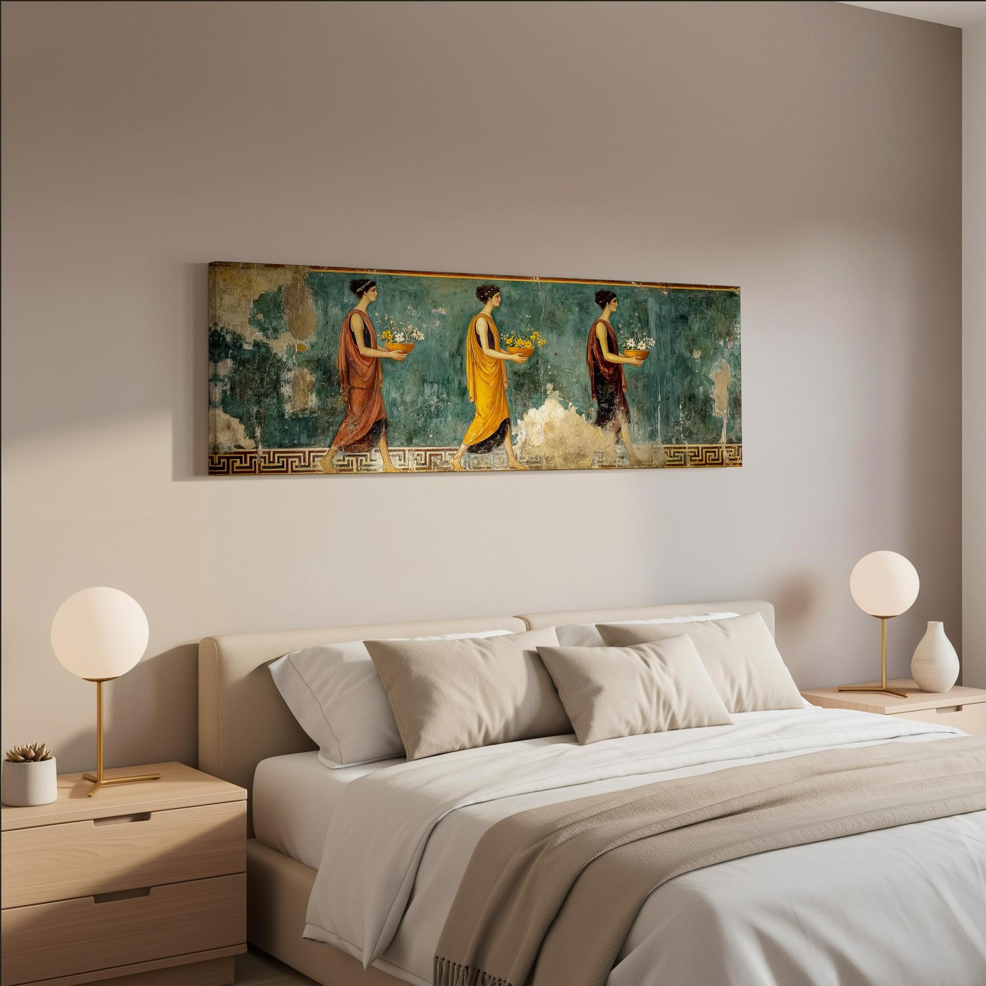 a bedroom with a large painting of three women in colorful dresses hanging on the wall above a bed with white bedding.