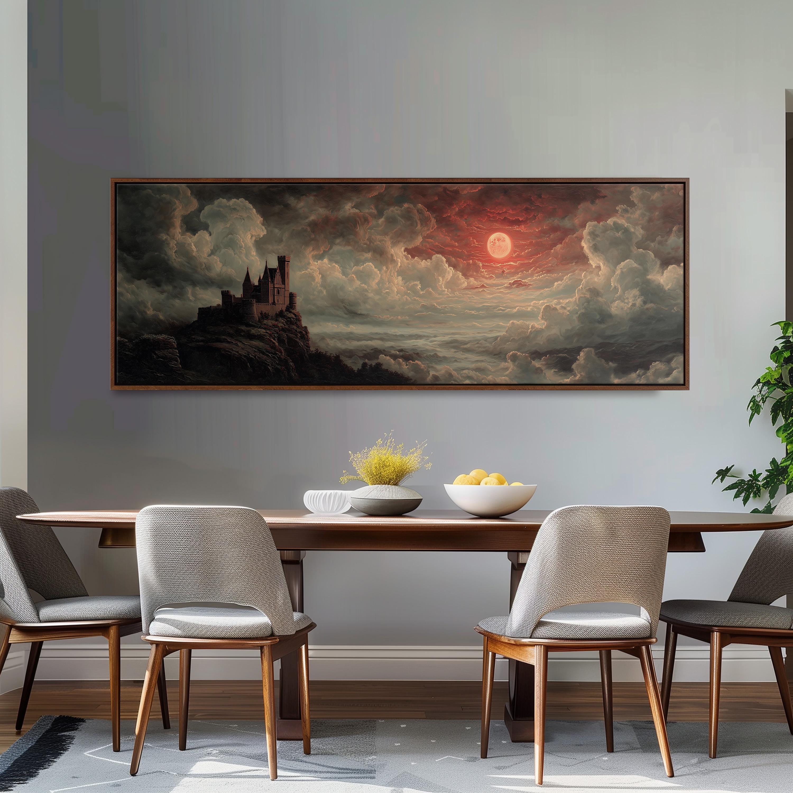 a large painting of a castle on a cliff, with a dramatic sky and clouds in the background, hanging on a wall above a wooden dining table with four chairs.