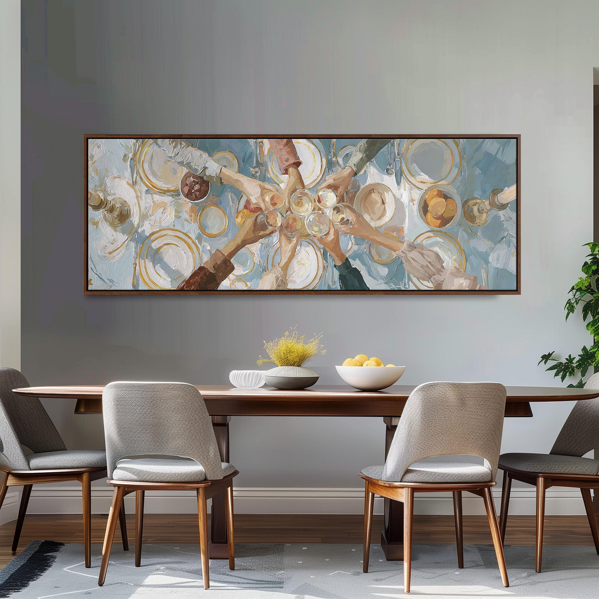 Elegant wine toast over a linen table long horizontal canvas print above a dining table