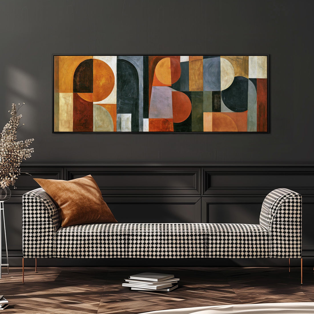 Amber and purple arch and circle mosaic long horizontal canvas print above a sofa in a living room