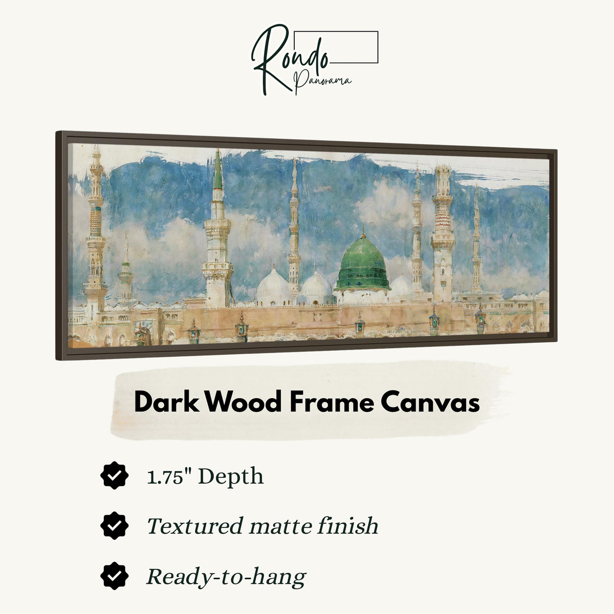 The green dome of the Prophet's Mosque in Medina canvas print in a dark wood floating frame