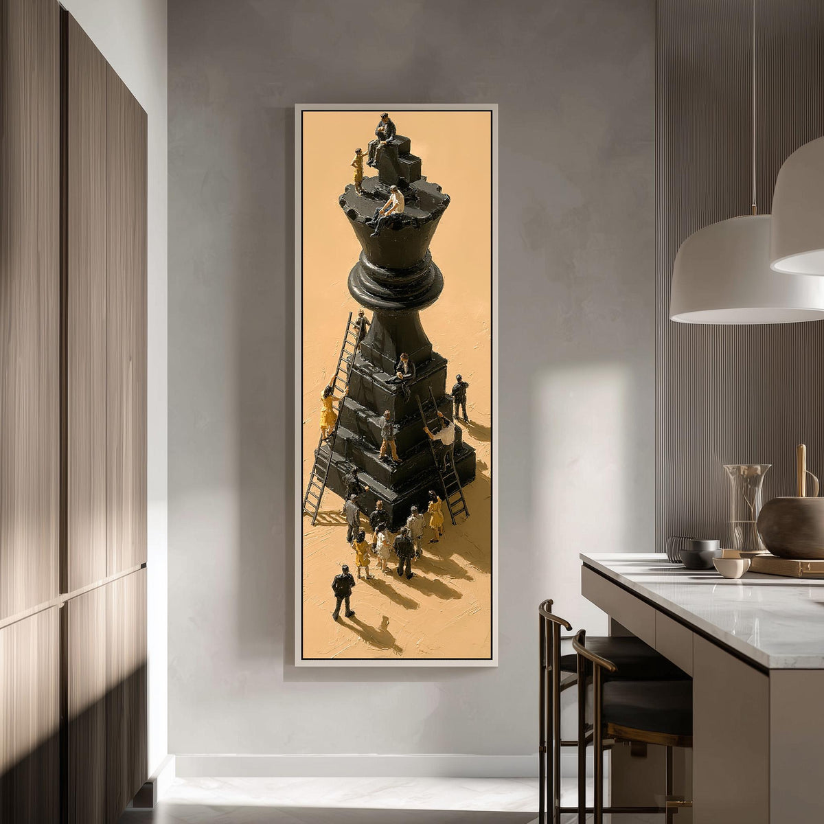 Tiny workers climbing a giant chess king tall skinny canvas print in a modern kitchen