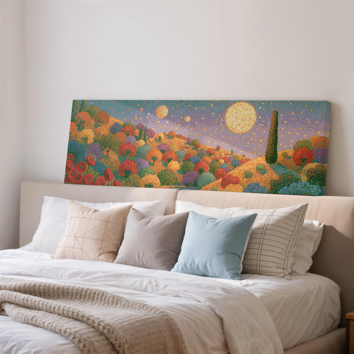 Autumn hillside under glowing moons wide panoramic canvas print above a bed in a bedroom