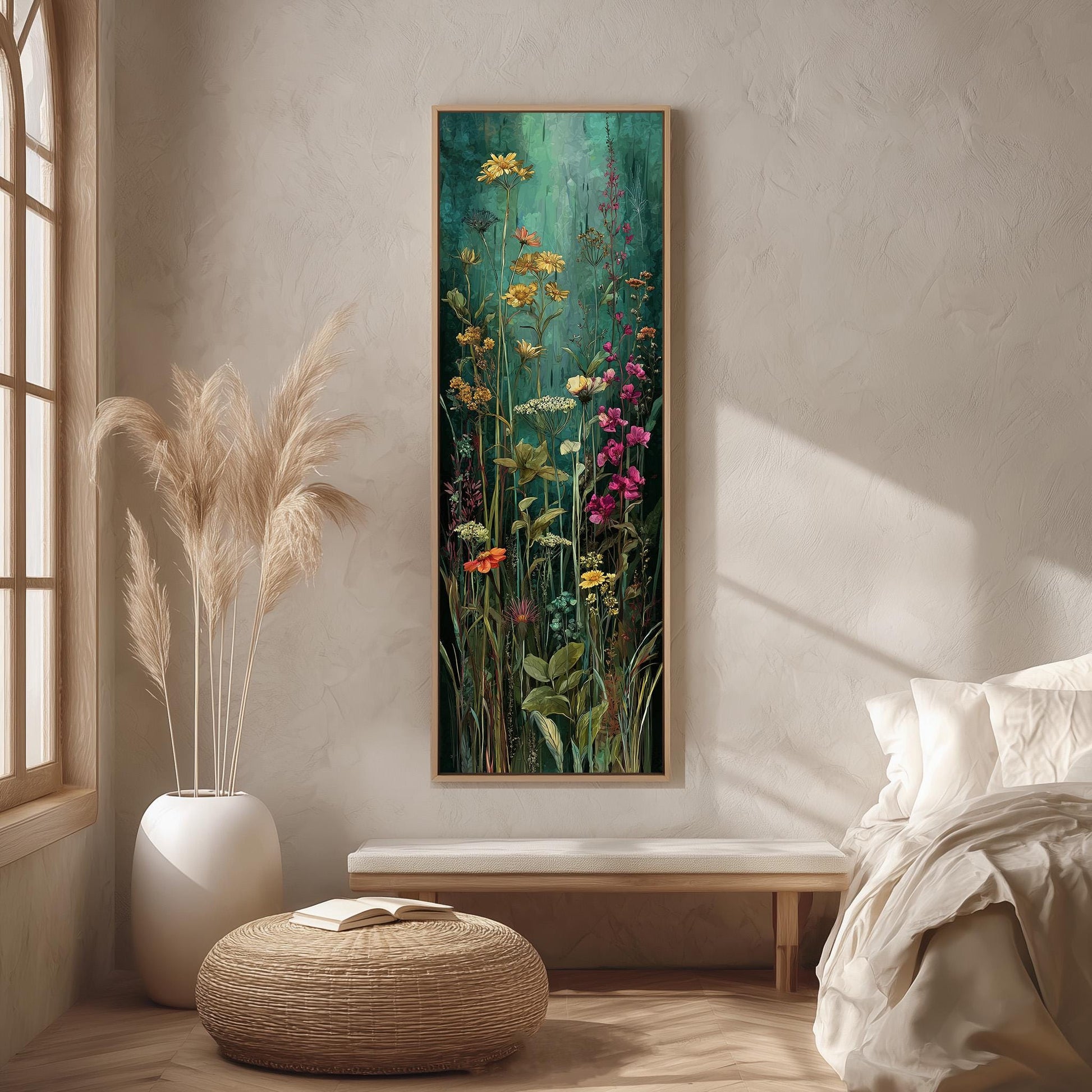 a large painting of flowers hanging on a wall in a room with a bed, a wicker ottoman, and a window.
