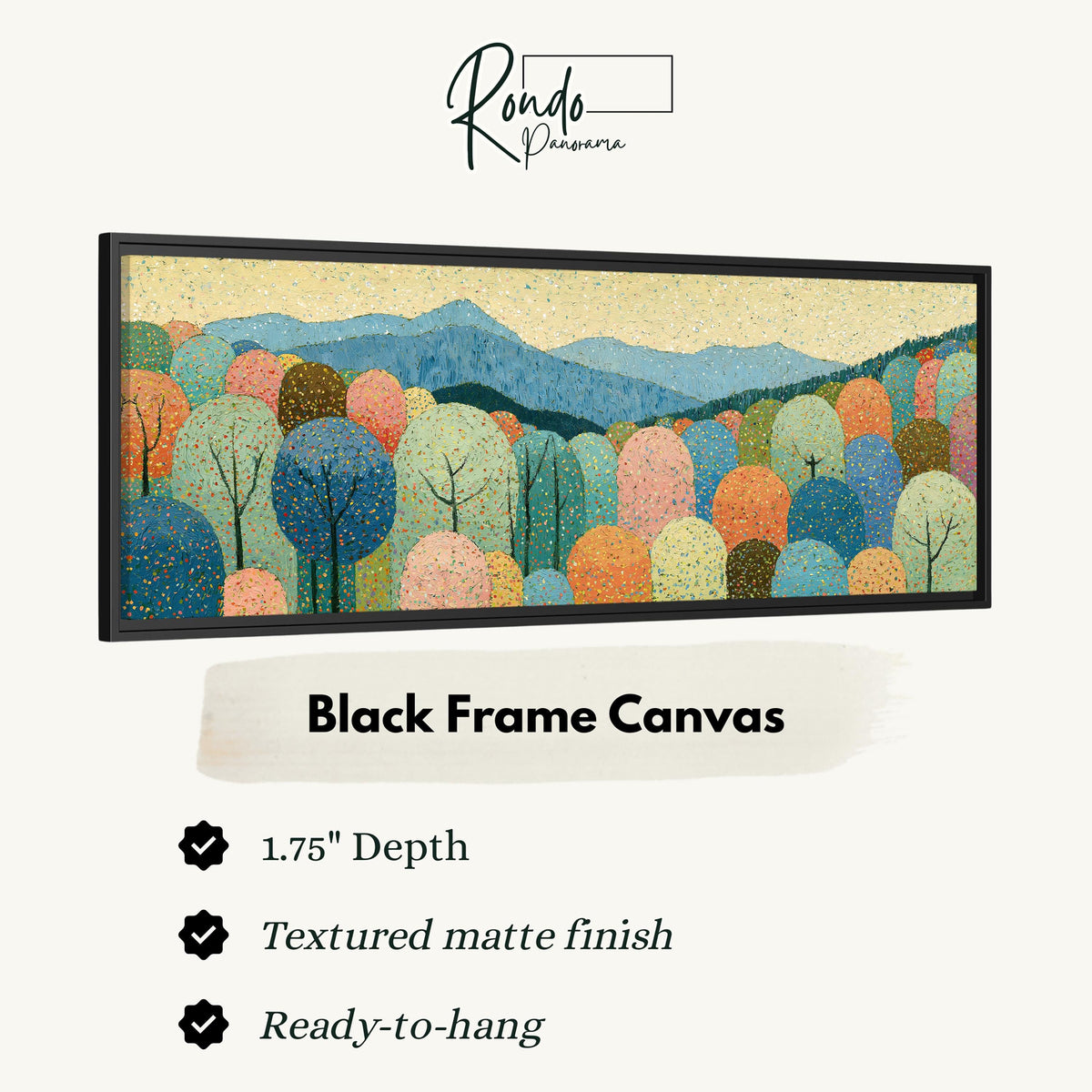 Pastel dotted forest below blue mountains canvas print in a black floating frame
