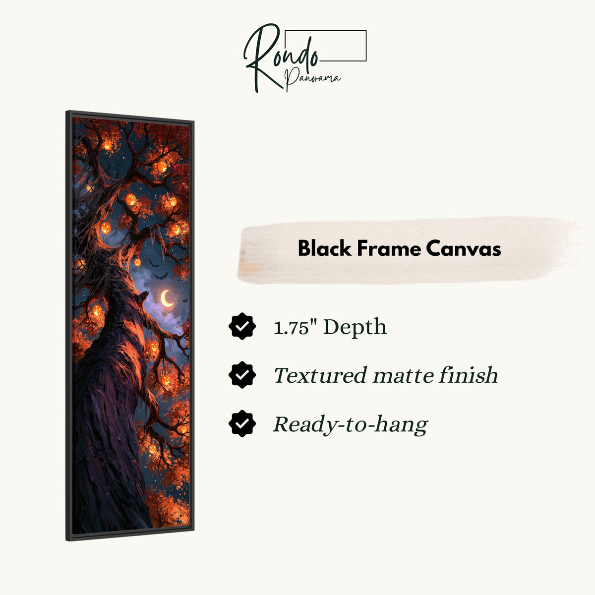 Twisted tree hung with glowing jack-o'-lanterns canvas print in a black floating frame