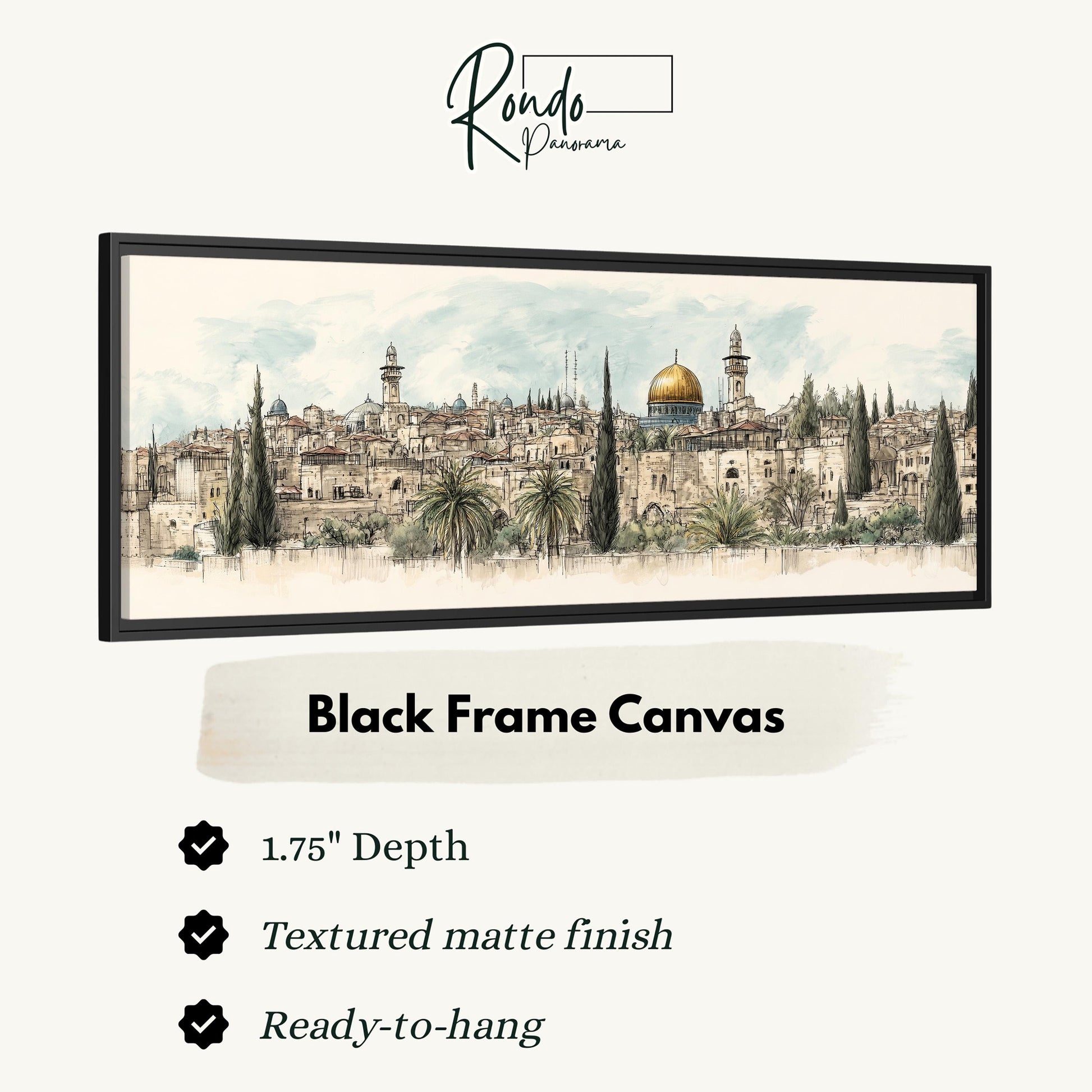 The image is a black frame canvas depicting a cityscape with buildings, palm trees, and a dome.