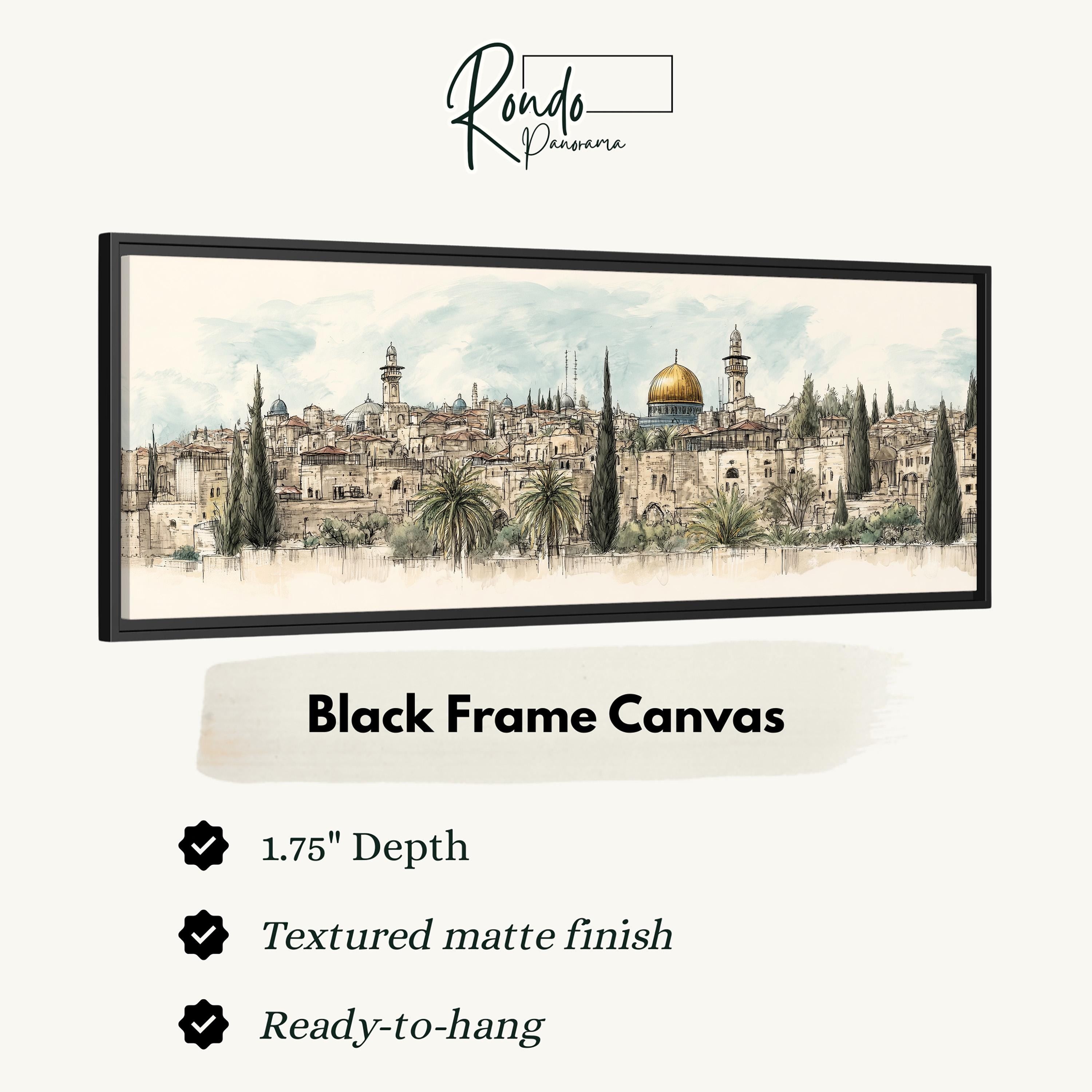 The image is a black frame canvas depicting a cityscape with buildings, palm trees, and a dome.