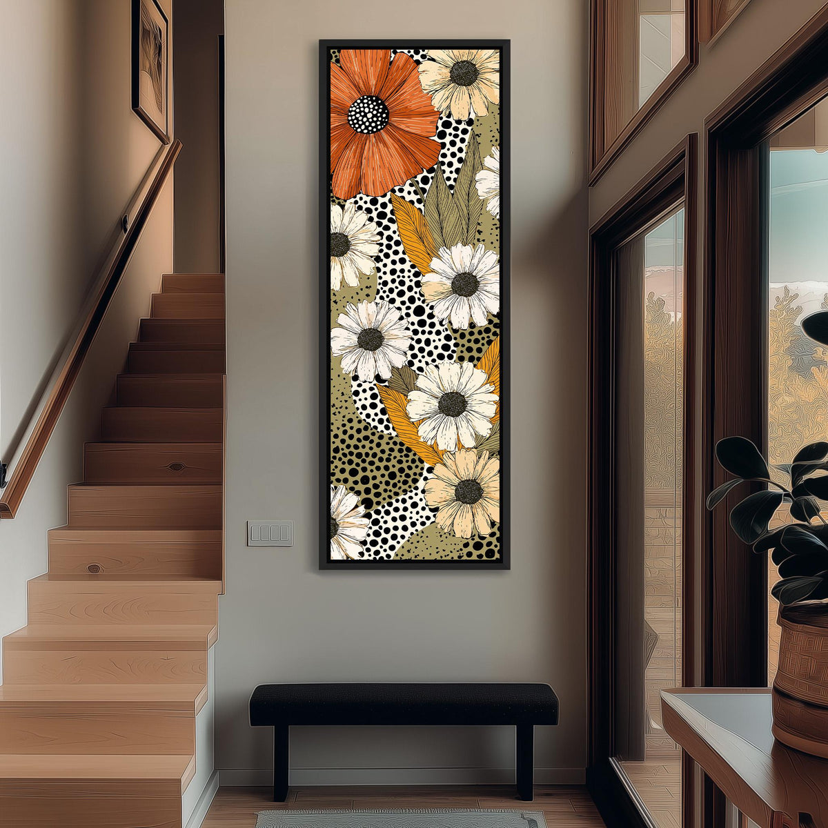 Retro daisies with polka dots tall narrow canvas print beside a staircase in an entryway