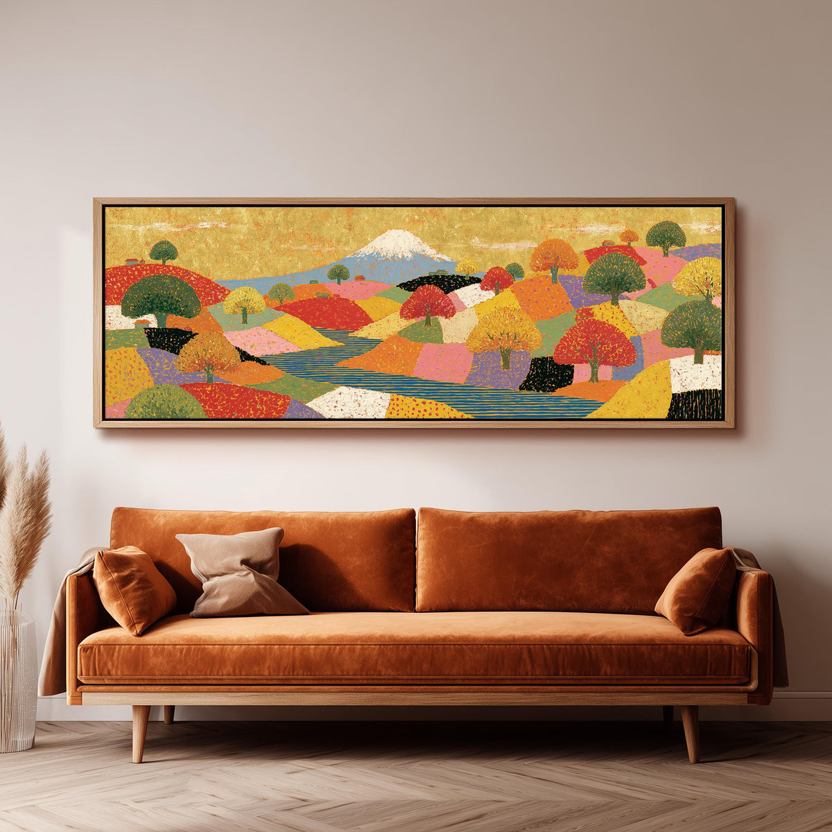 Mount Fuji over golden patchwork hills panoramic canvas print above a sofa in a living room
