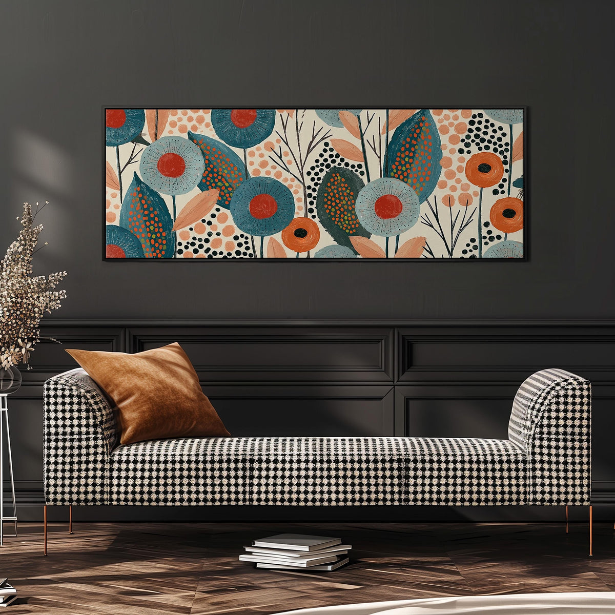 Teal poppies and speckled leaves wide panoramic canvas print above a bench in a dark living room