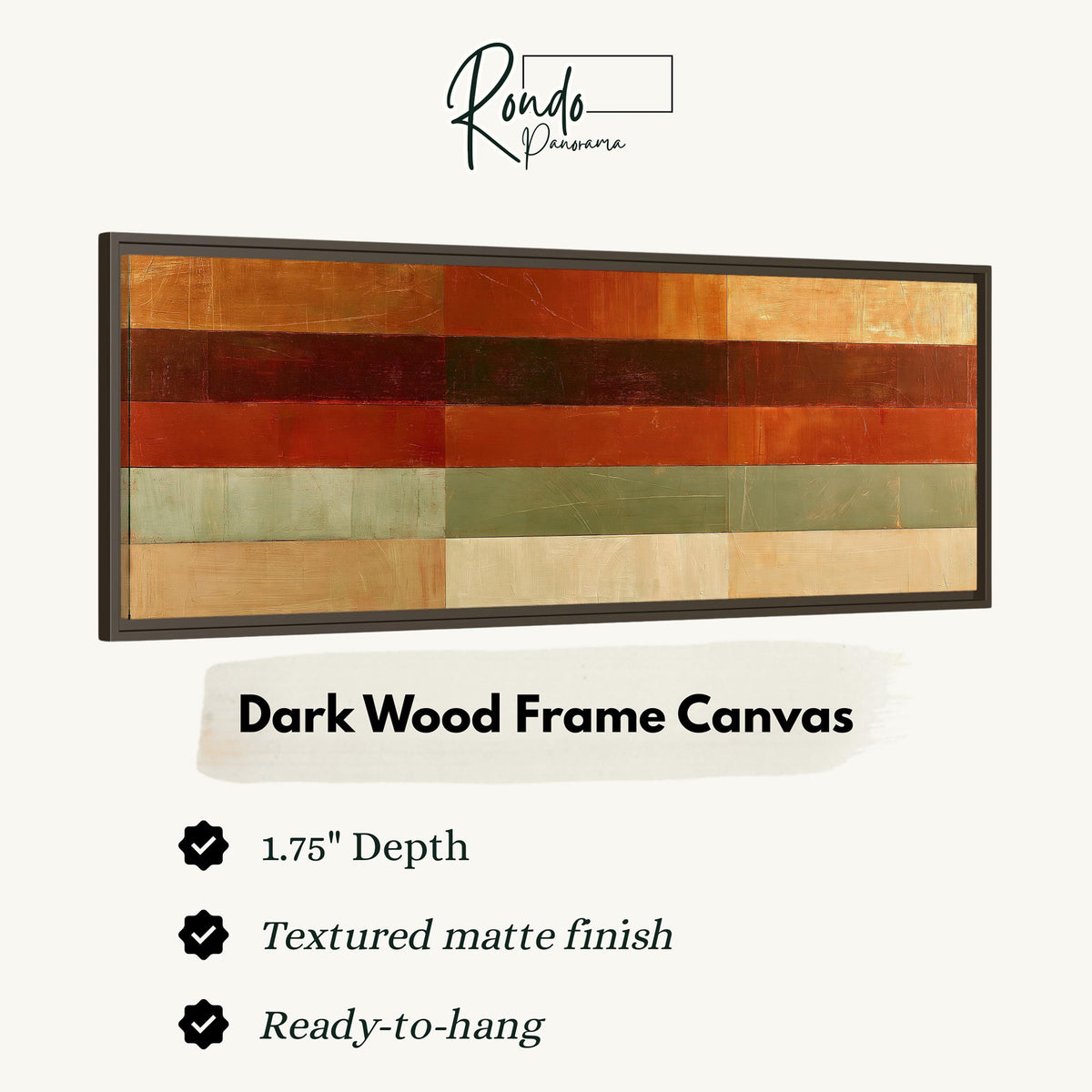 Amber, rust and sage horizontal color bands canvas print in a dark wood floating frame