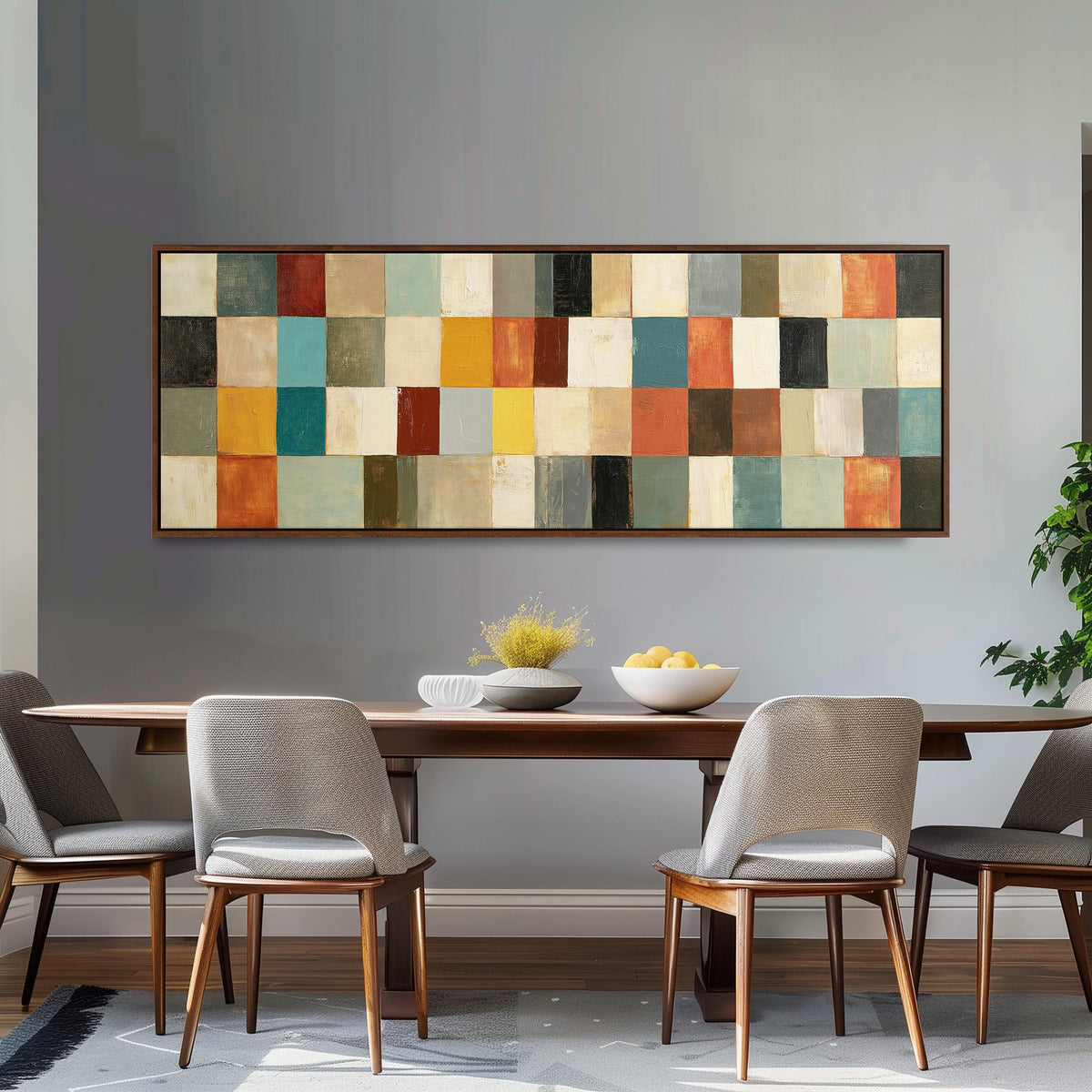 Colorful checkerboard mosaic grid long horizontal canvas print above a dining table