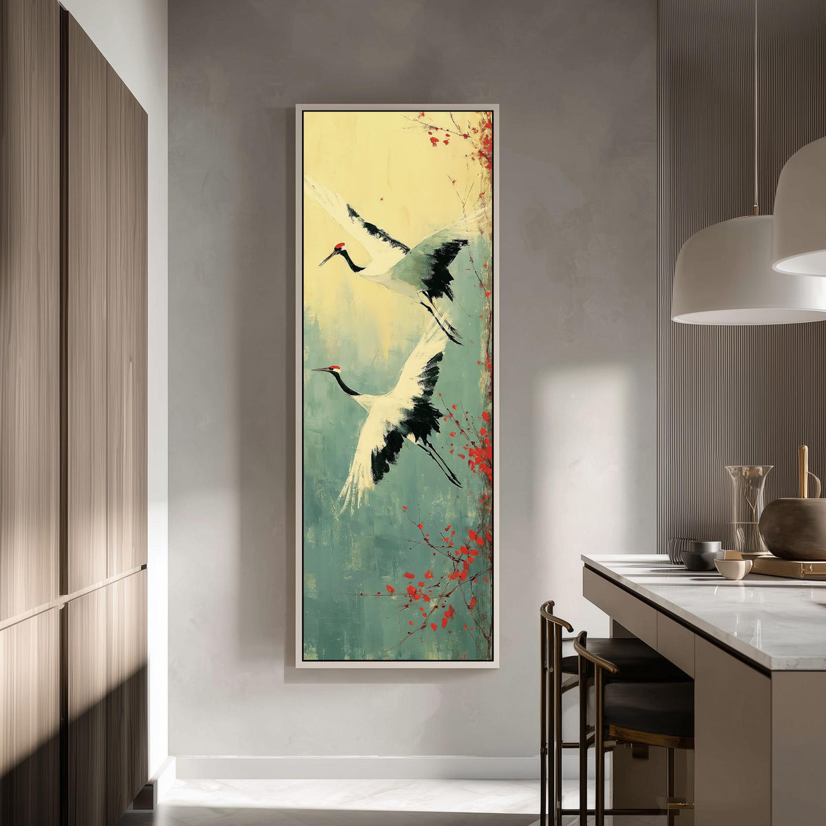 Pair of red-crowned cranes in flight tall skinny canvas print in a modern kitchen