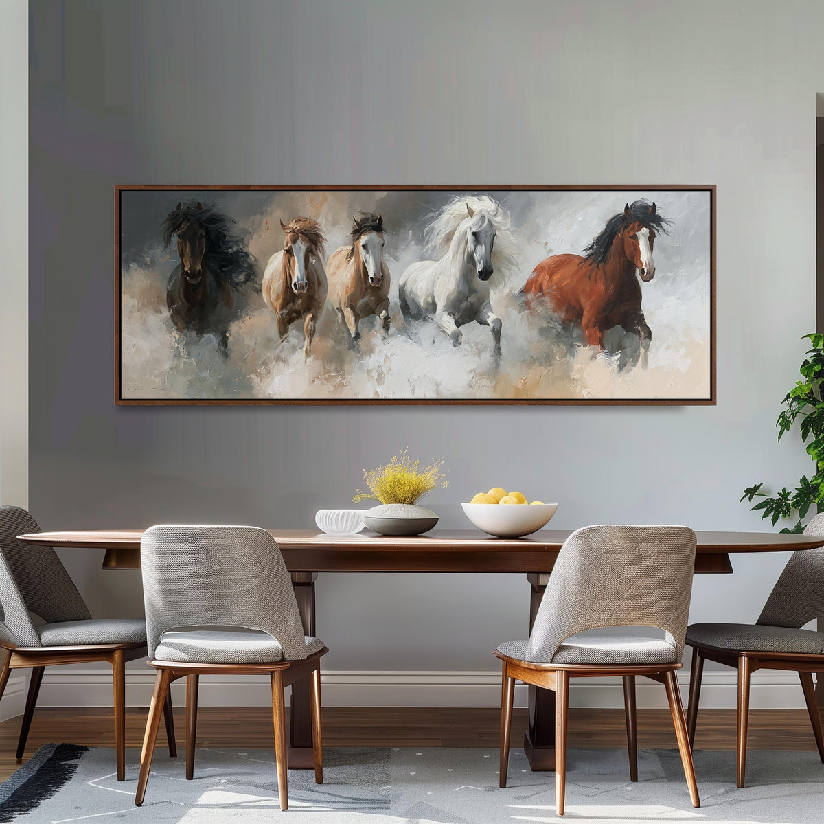 Five horses running through smoke long horizontal canvas print above a dining table