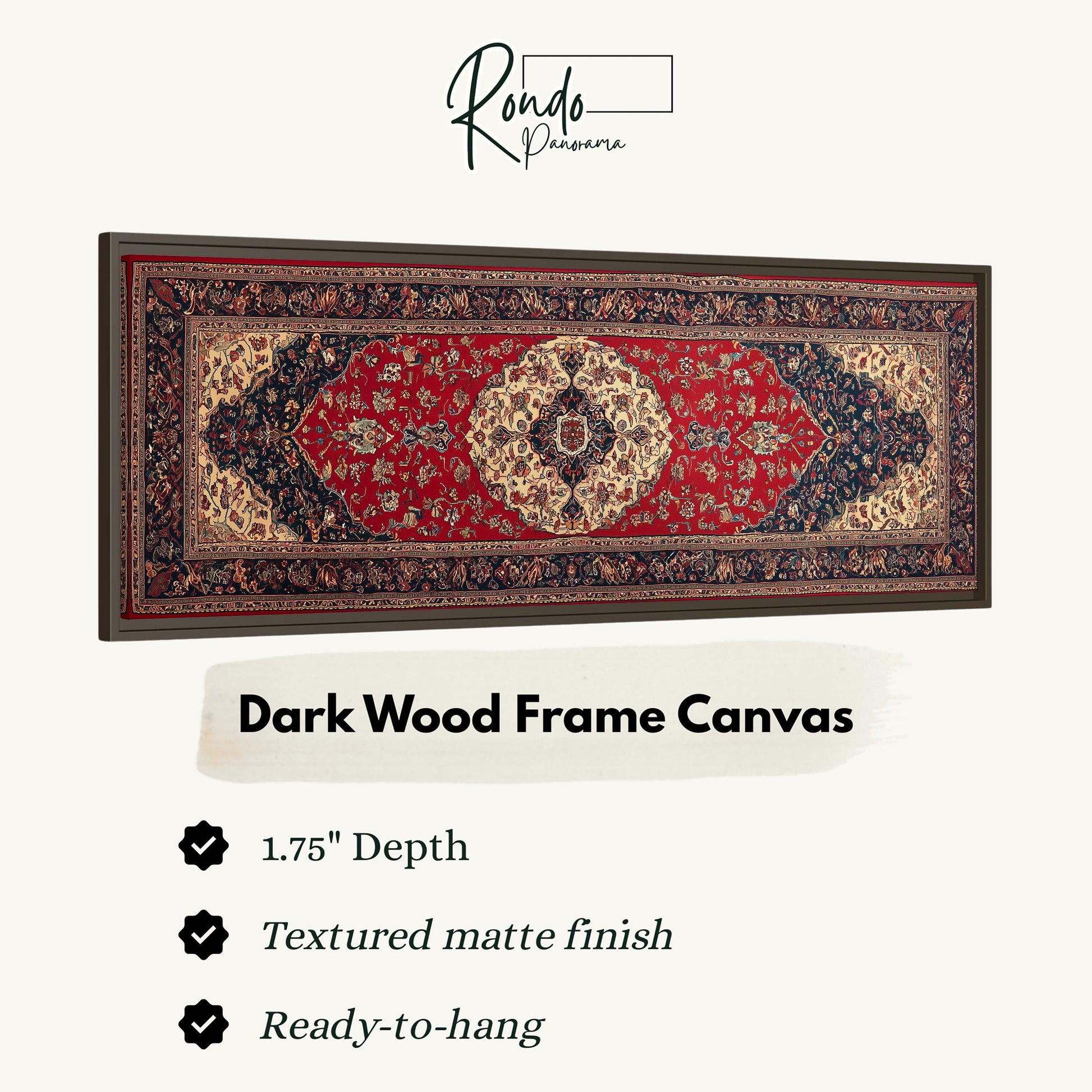 a dark wood frame canvas with a detailed red and black patterned rug. The canvas is described as having a 1.75" depth, a textured matte finish, and is ready to hang.