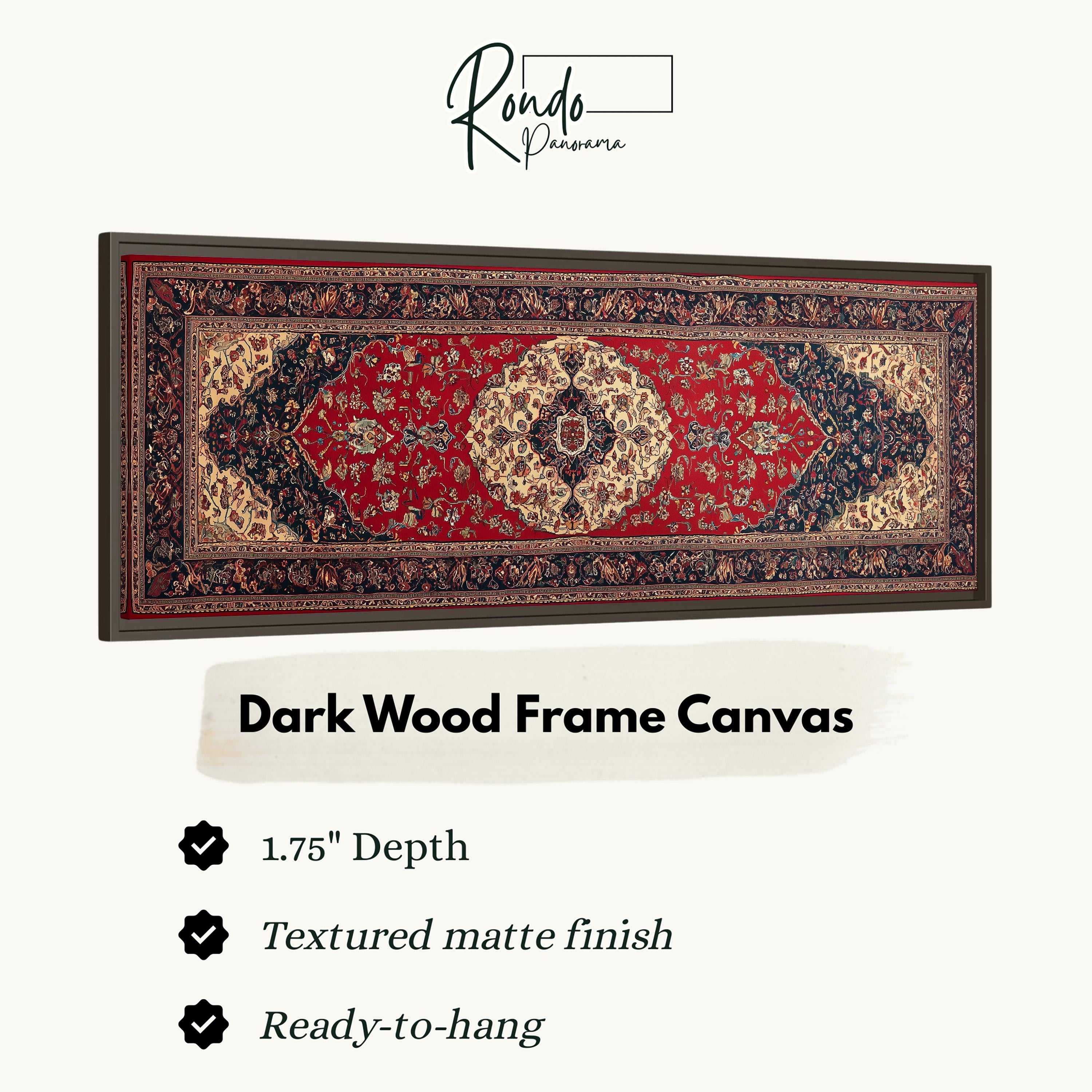 a dark wood frame canvas with a detailed red and black patterned rug. The canvas is described as having a 1.75" depth, a textured matte finish, and is ready to hang.