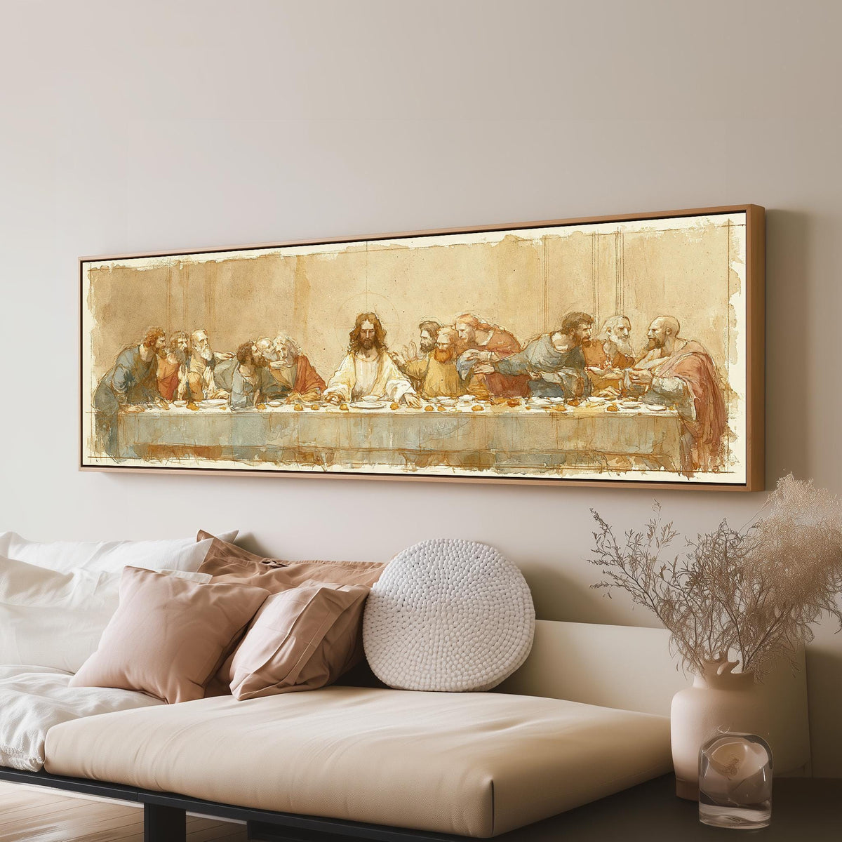 The Last Supper in a sepia sketch style long horizontal canvas print above a sofa in a living room