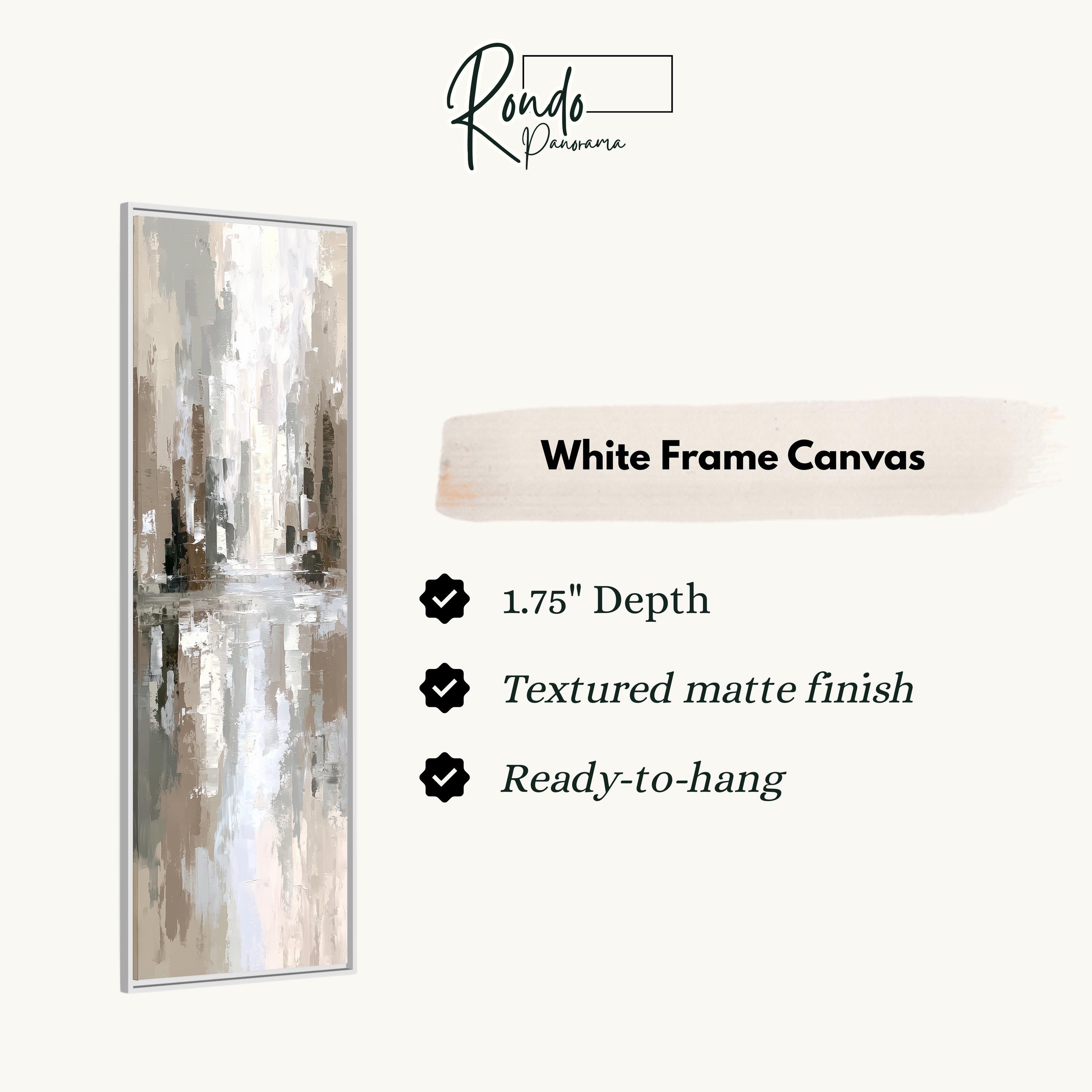 The image is a product description for a white frame canvas. It features a painting of a cityscape with a textured finish and a depth of 1.75 inches. The canvas is ready to hang and has a textured matte finish.