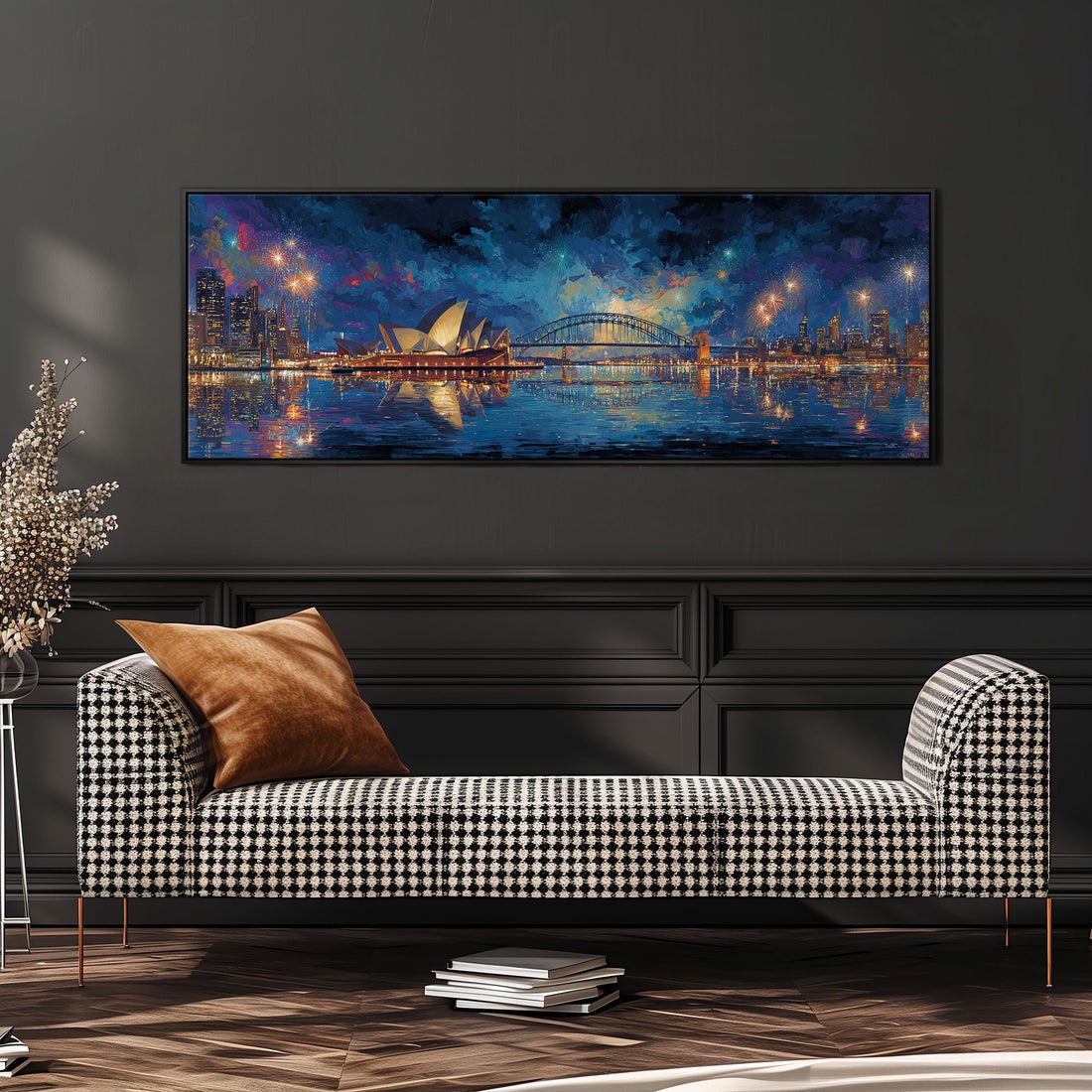 a large, framed painting of the Sydney Opera House and the city skyline at night, hanging on a wall above a brown sofa.