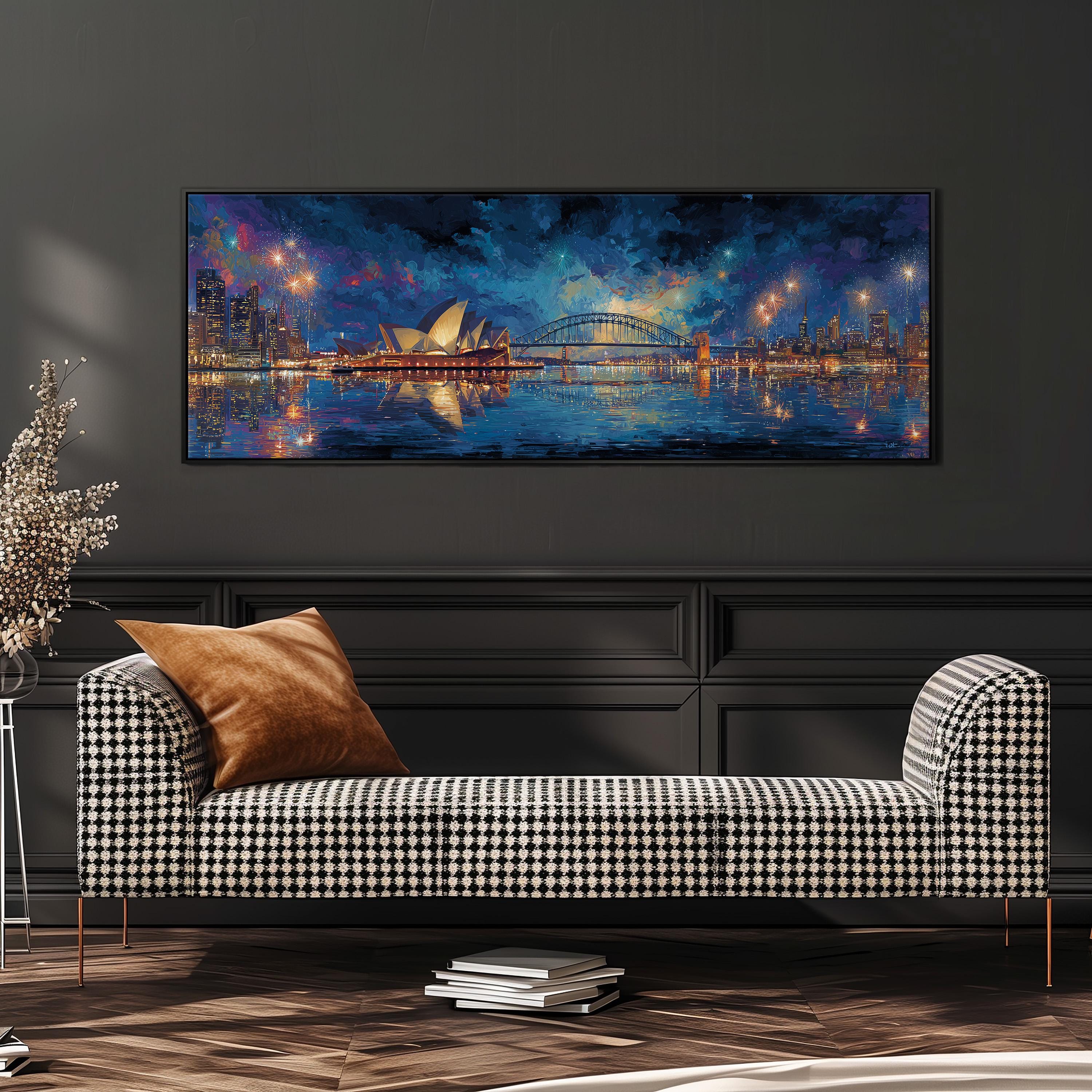 a large, colorful painting of a city skyline at night, with the Sydney Opera House prominently displayed. The painting is hung on a wall above a black and white checkered sofa, creating a cozy and inviting atmosphere in the room.