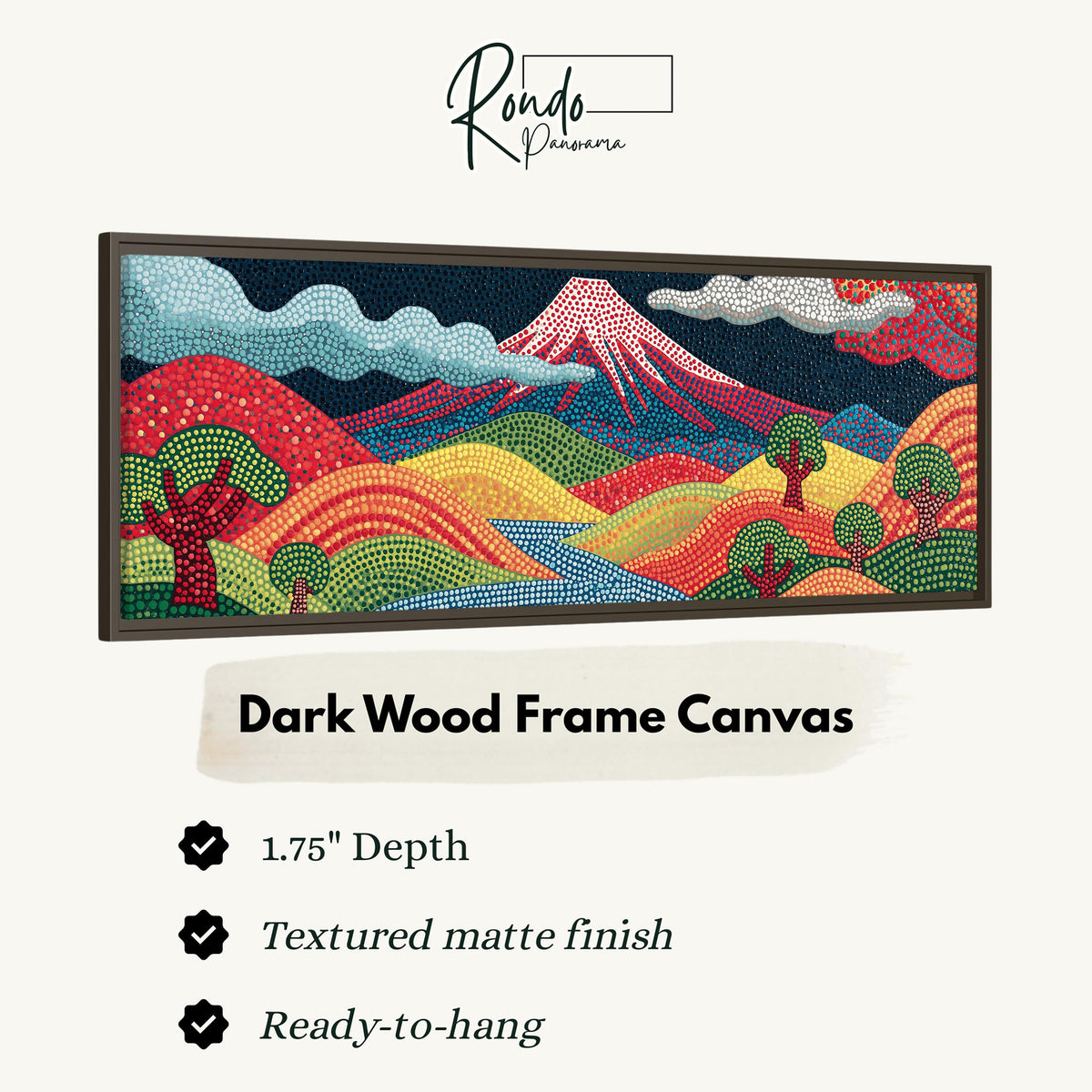 Mount Fuji above rainbow dotted hills canvas print in a dark wood floating frame