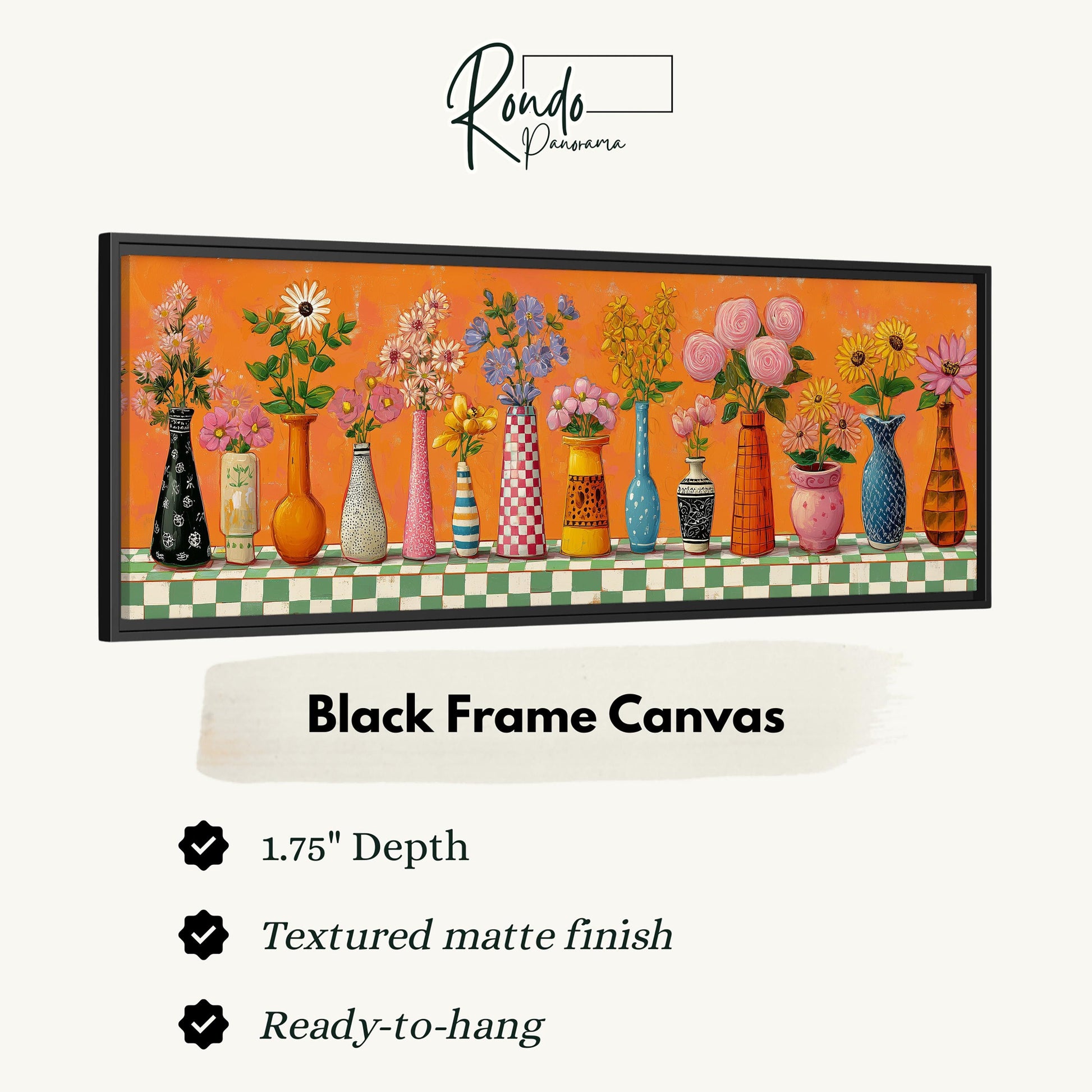 The image is a black frame canvas featuring a row of colorful vases with flowers on a checkered tablecloth.
