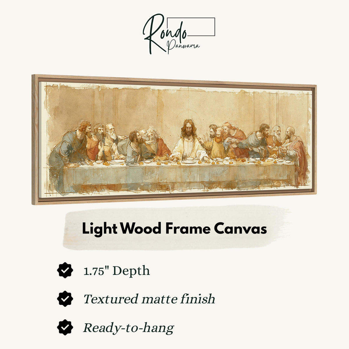 The Last Supper in a sepia sketch style canvas print in a light wood floating frame