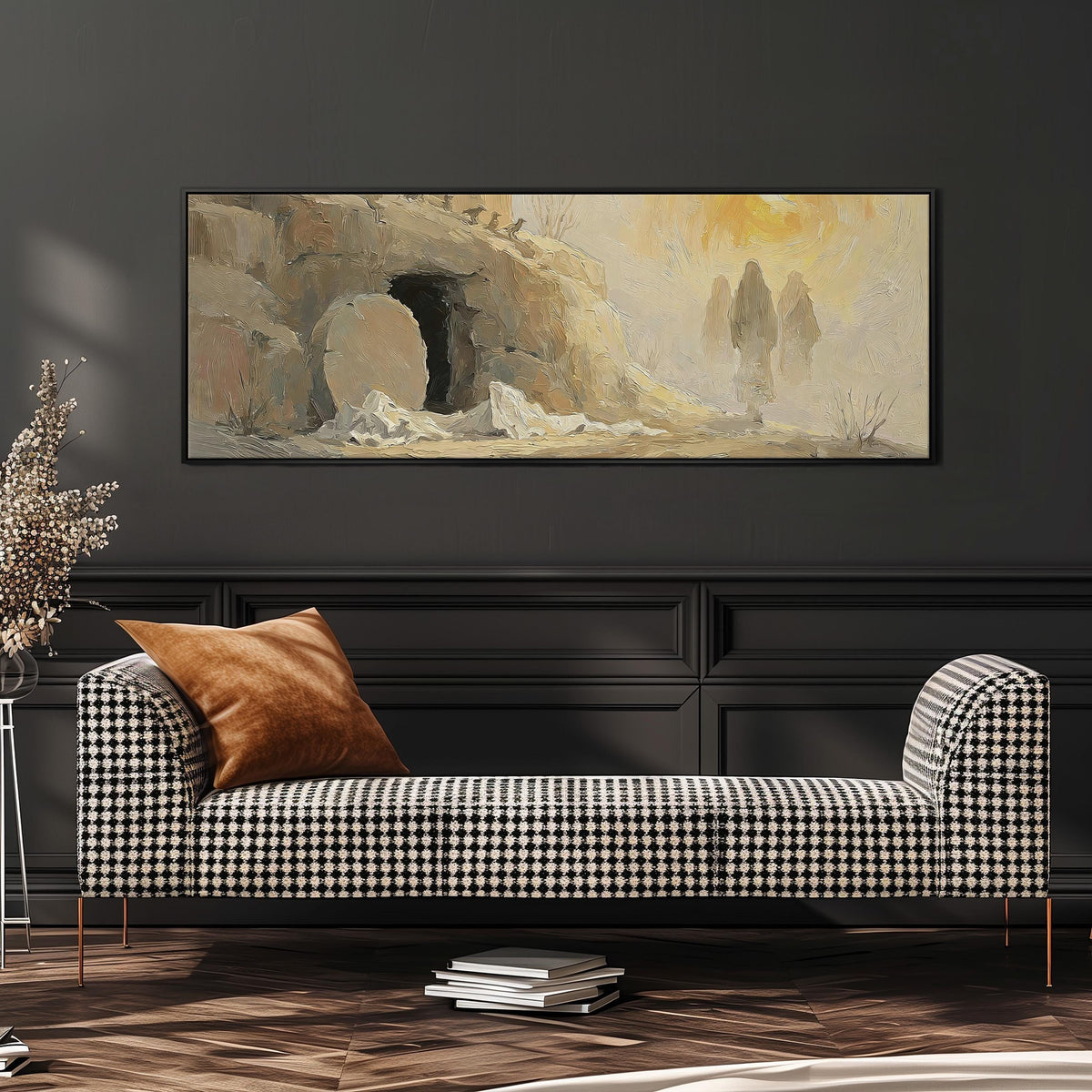 The empty tomb at sunrise wide panoramic canvas print above a bench in a dark living room