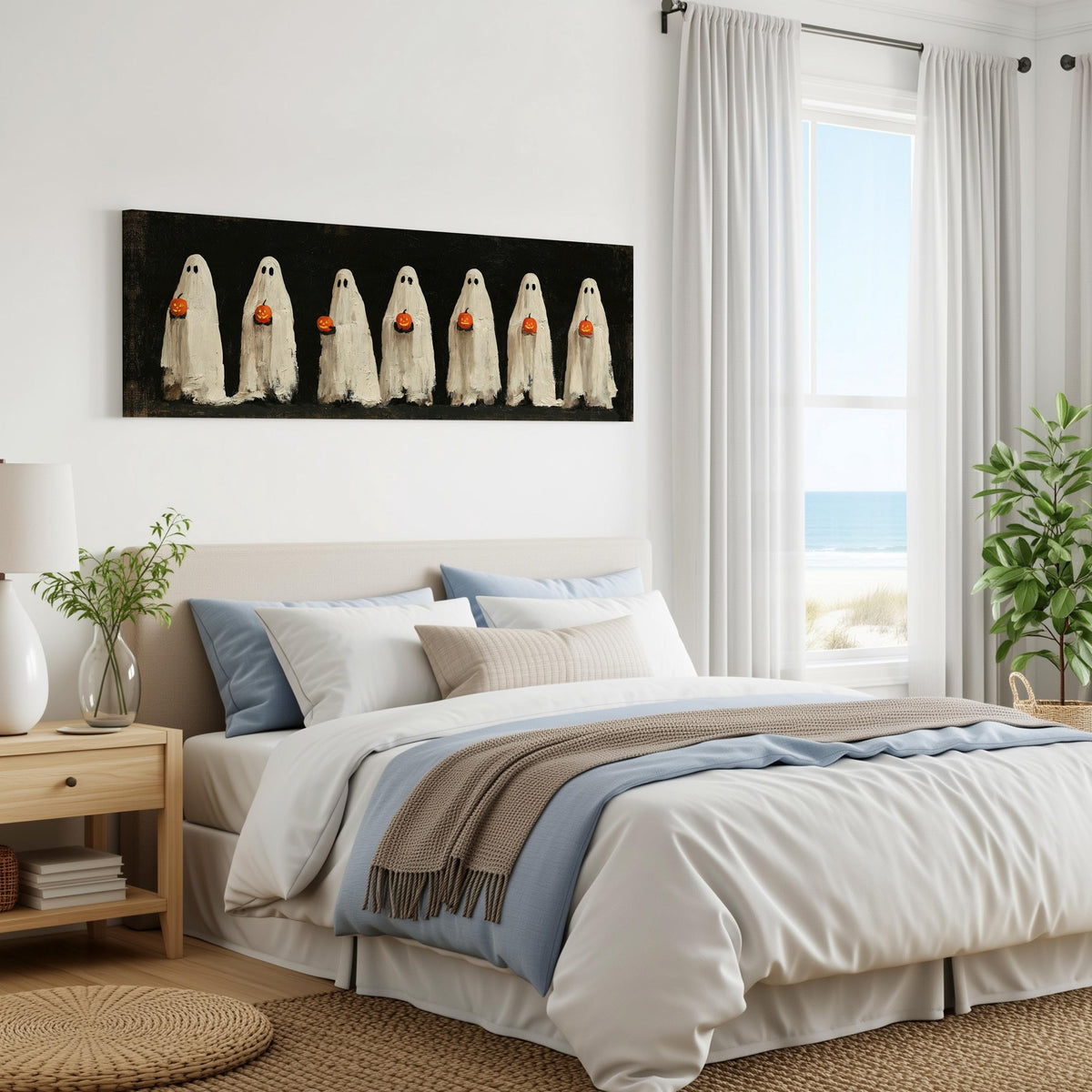 Row of ghosts holding pumpkins panoramic canvas print above a bed in a coastal bedroom
