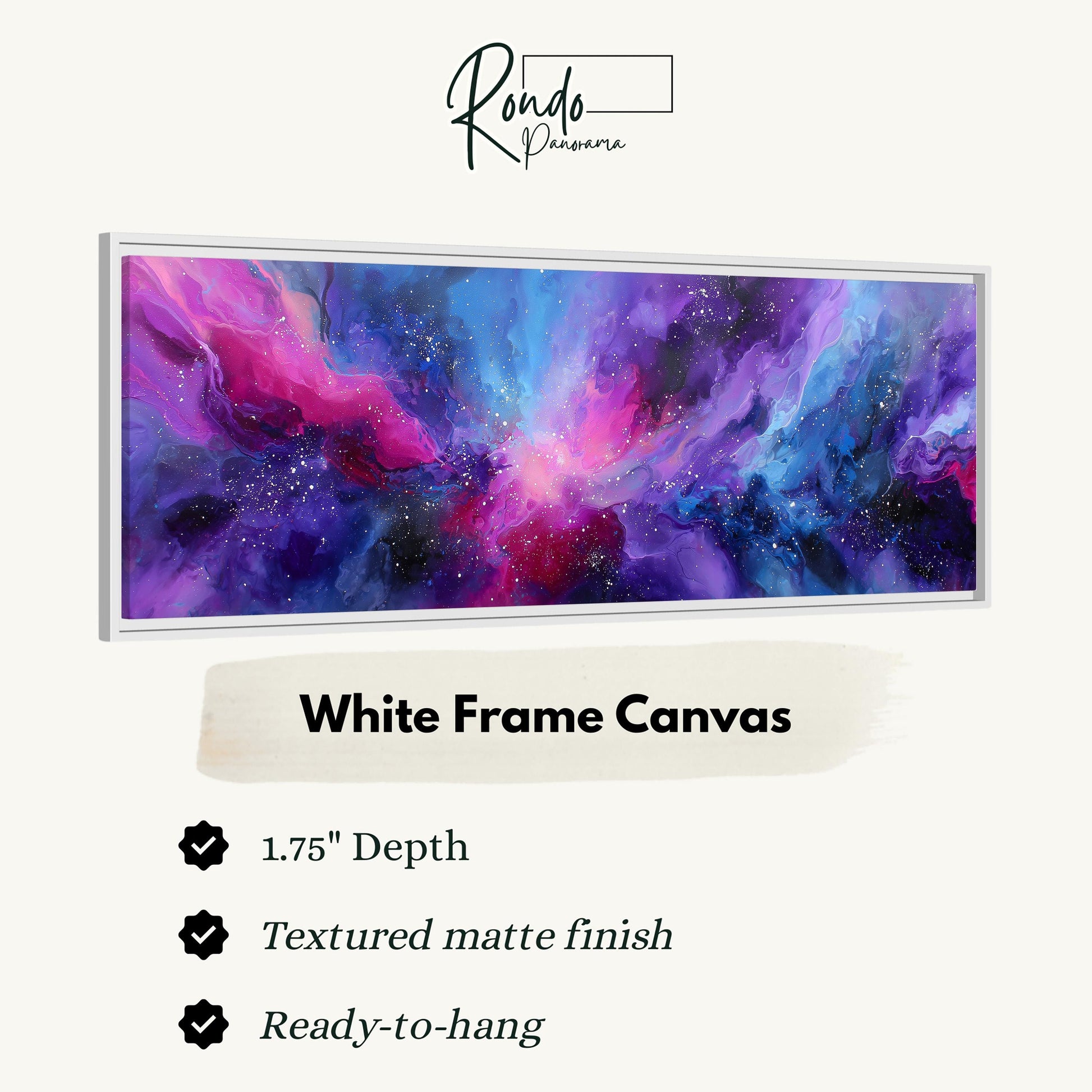 The image is a white frame canvas with a vibrant abstract painting of a galaxy, which is described as a "White Frame Canvas" with a "1.75" depth and a "Textured matte finish". The canvas is described as "Ready-to-hang".