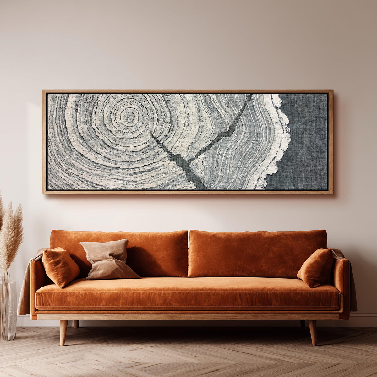 Grey tree ring on linen texture wide panoramic canvas print above a bench in a dark living room