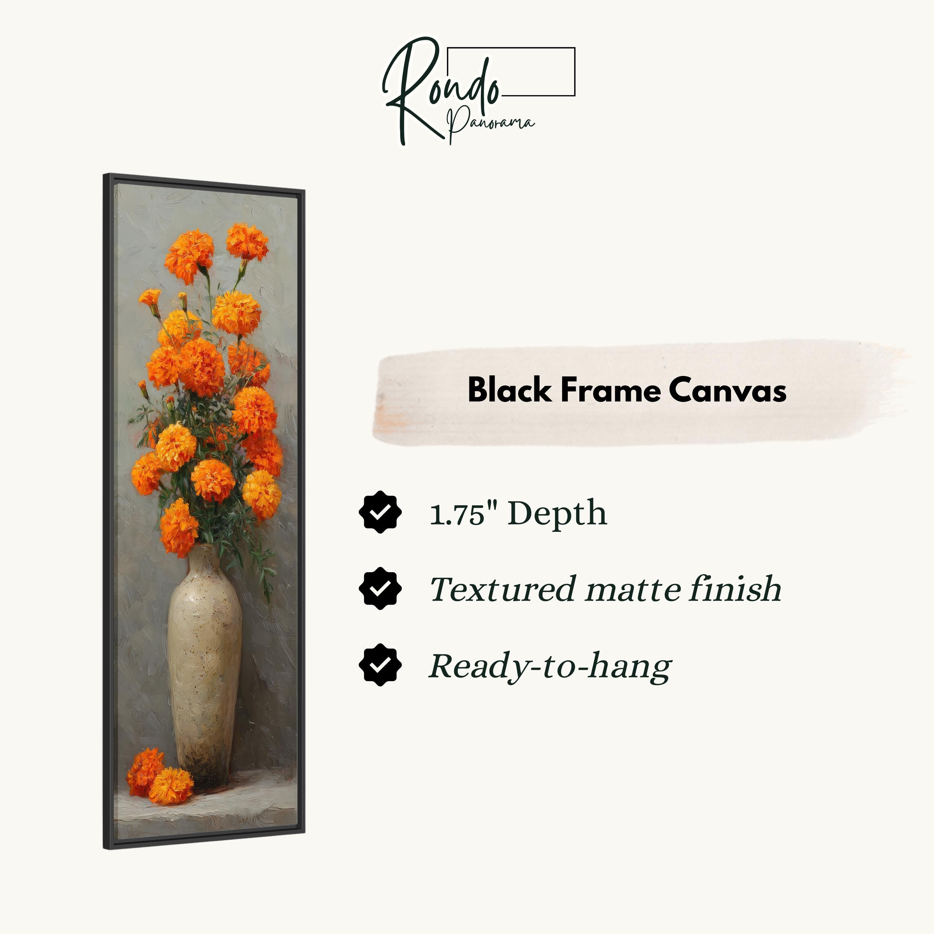 a black frame canvas with a vase of orange flowers, and it is described as a 1.75" depth, textured matte finish, and ready-to-hang.