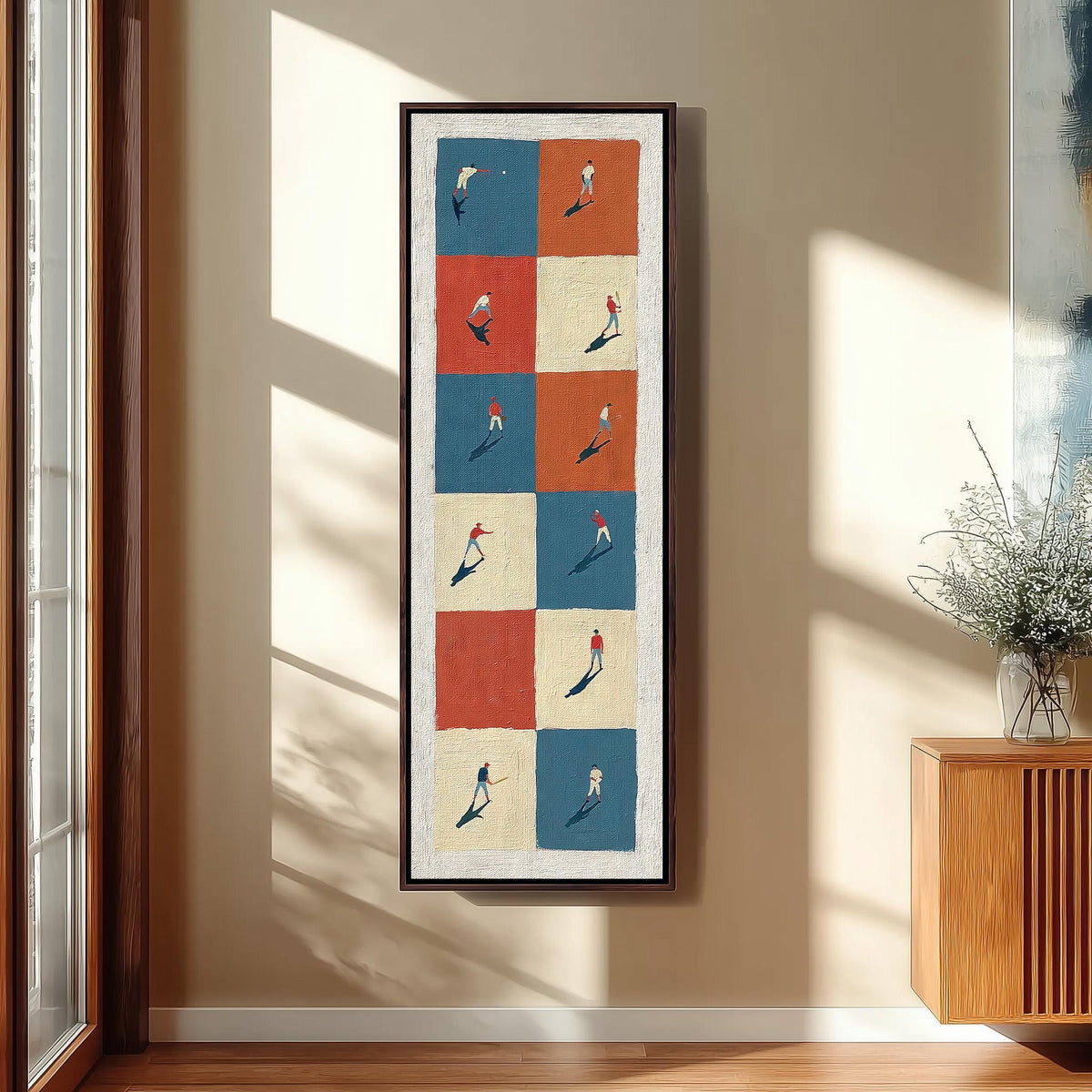 Baseball players on a color block grid tall skinny canvas print in a sunlit living space