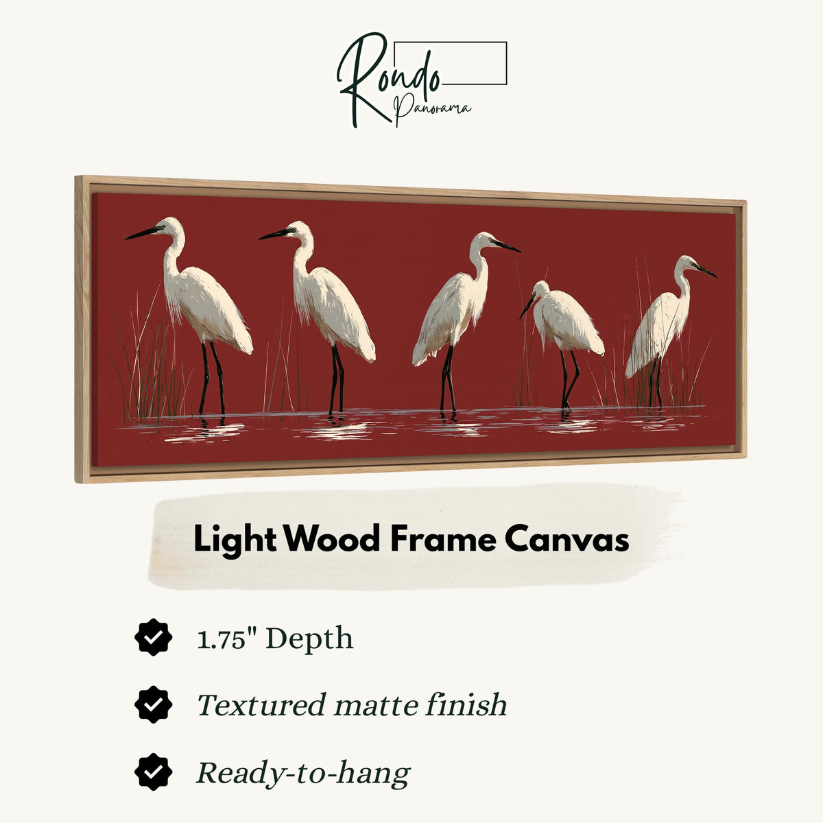 White egrets wading on crimson red canvas print in a light wood floating frame