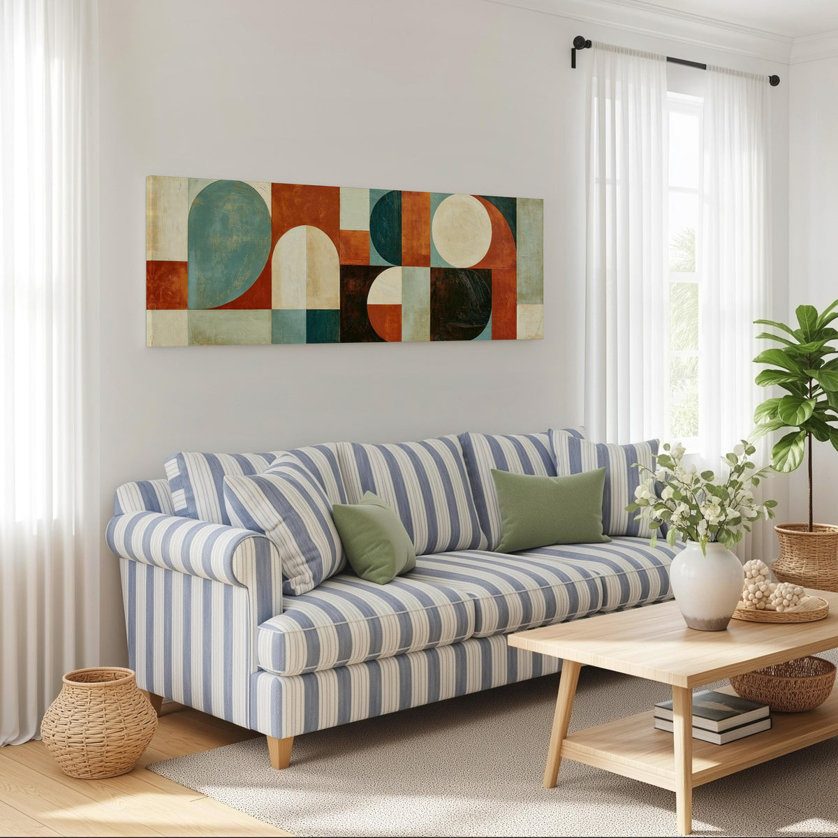 Teal and rust arch and circle shapes long horizontal canvas print above a striped sofa in a coastal living room