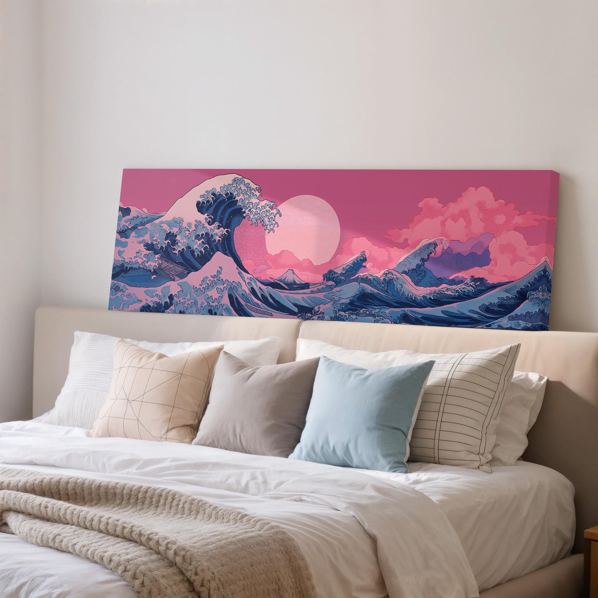 a large, colorful painting of a wave on a wall above a bed with white bedding and pillows.