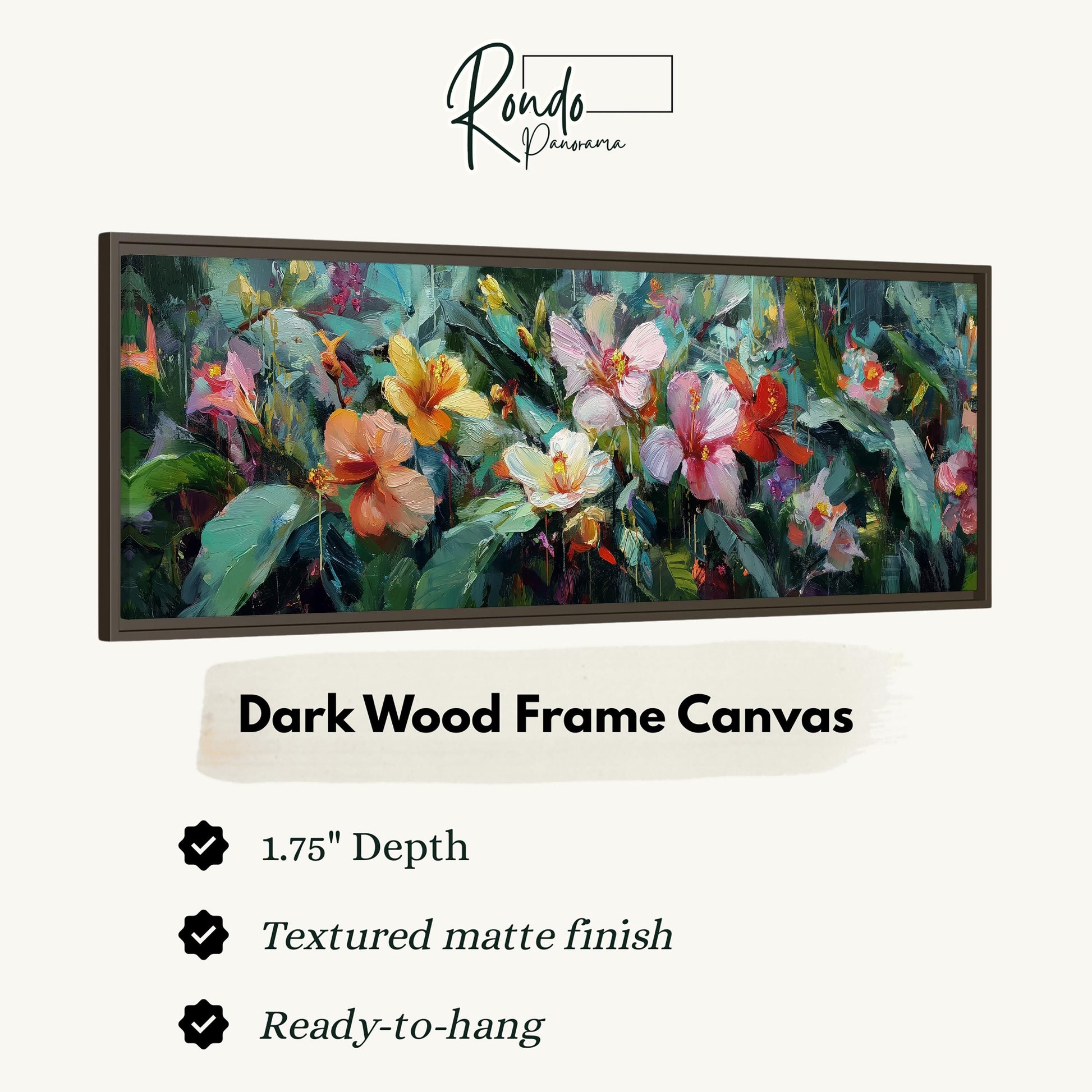 The image is a framed artwork depicting a vibrant and colorful painting of flowers.