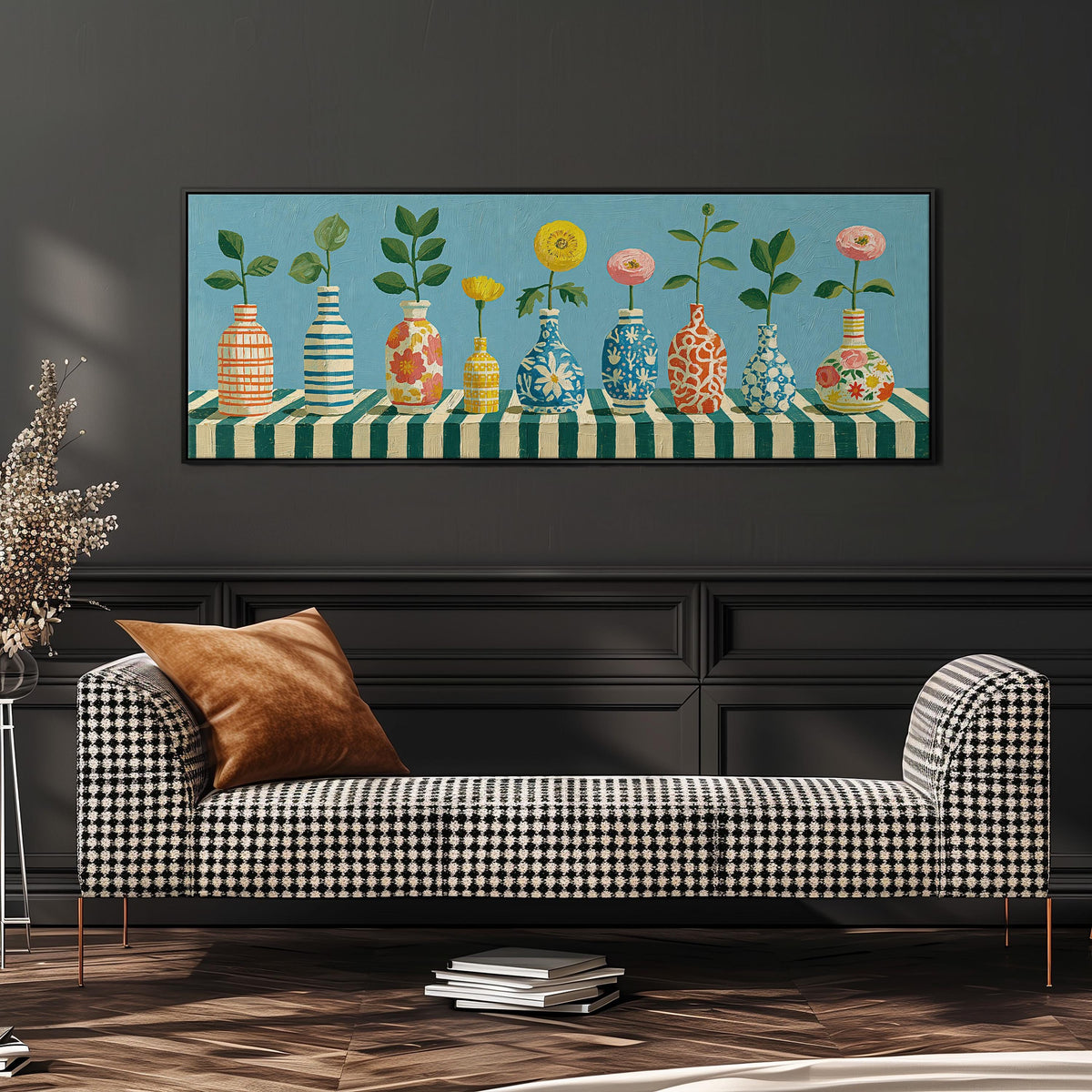 Row of striped vases with flowers long horizontal canvas print above a dining table